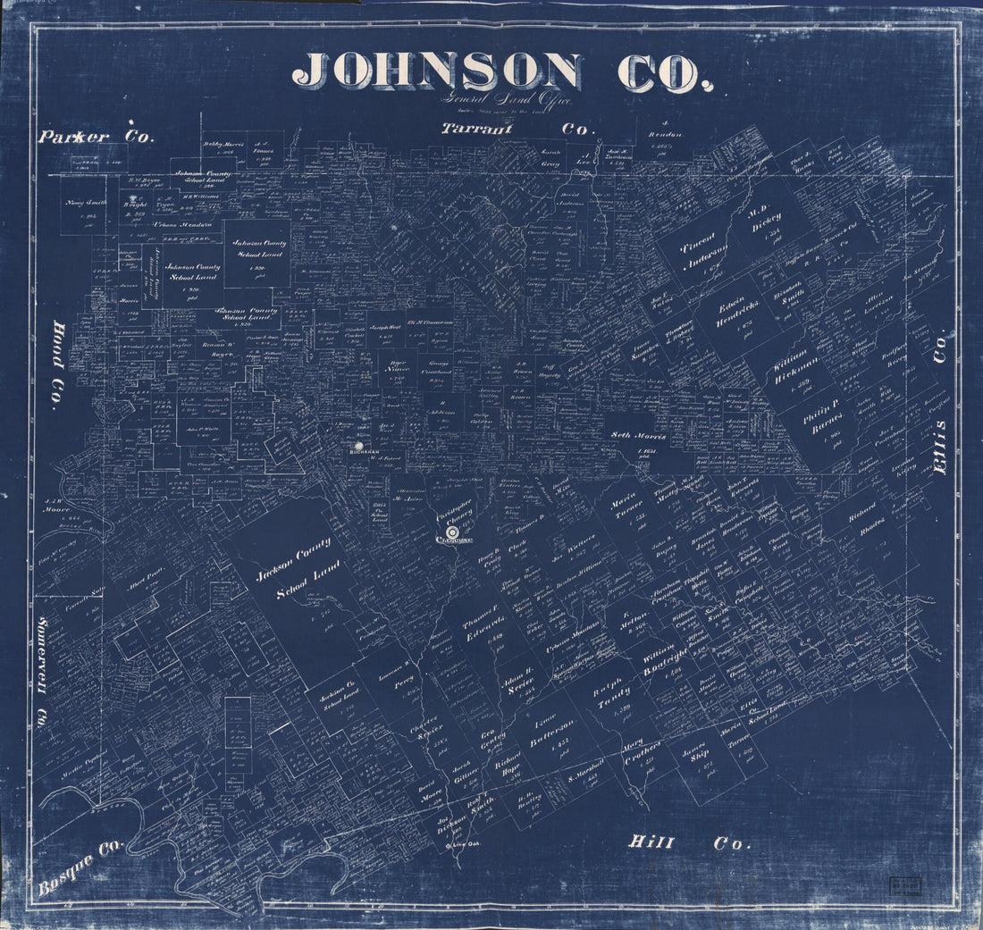This old map of Johnson Co. (Johnson County, Texas) from 1887 was created by F. G. Blau, Texas. General Land Office in 1887