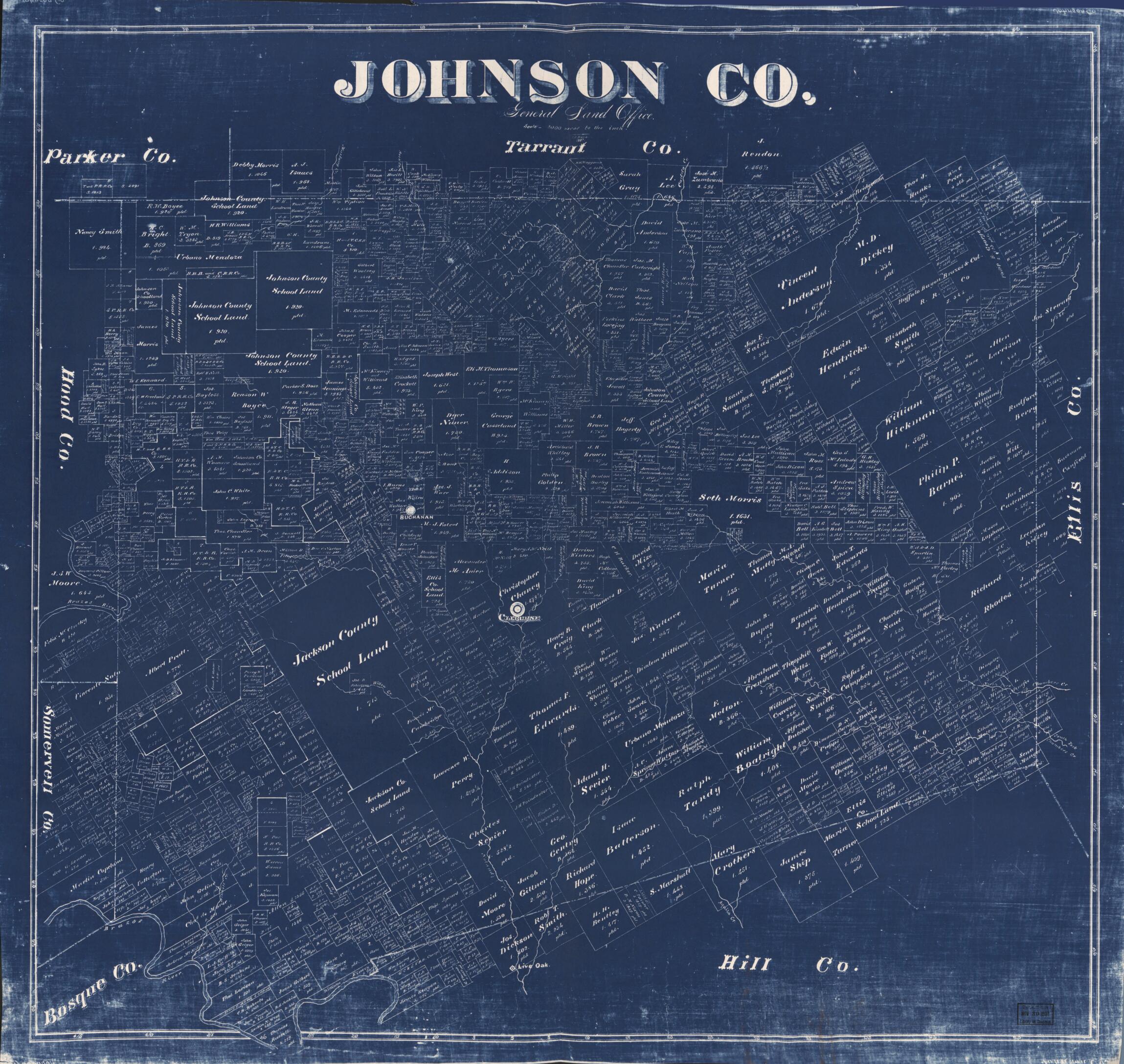 This old map of Johnson Co. (Johnson County, Texas) from 1887 was created by F. G. Blau, Texas. General Land Office in 1887