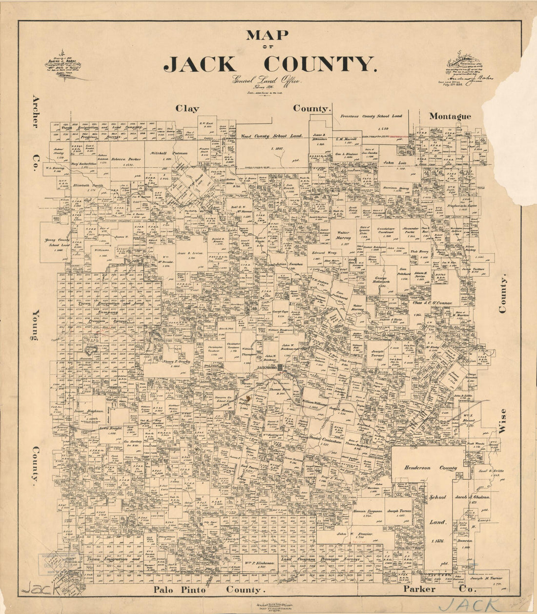 This old map of Map of Jack County from 1896 was created by August Gast & Co, Andrew J. (Andrew Jackson) Baker, Texas. General Land Office in 1896