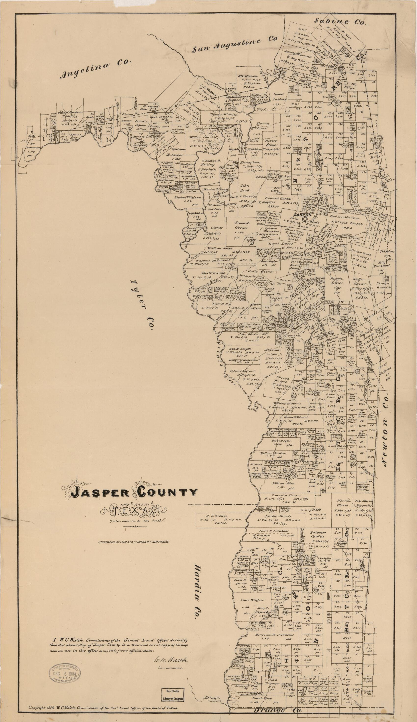 This old map of Jasper County, Texas from 1879 was created by August Gast & Co, Texas. General Land Office, W. C. (William C.) Walsh in 1879