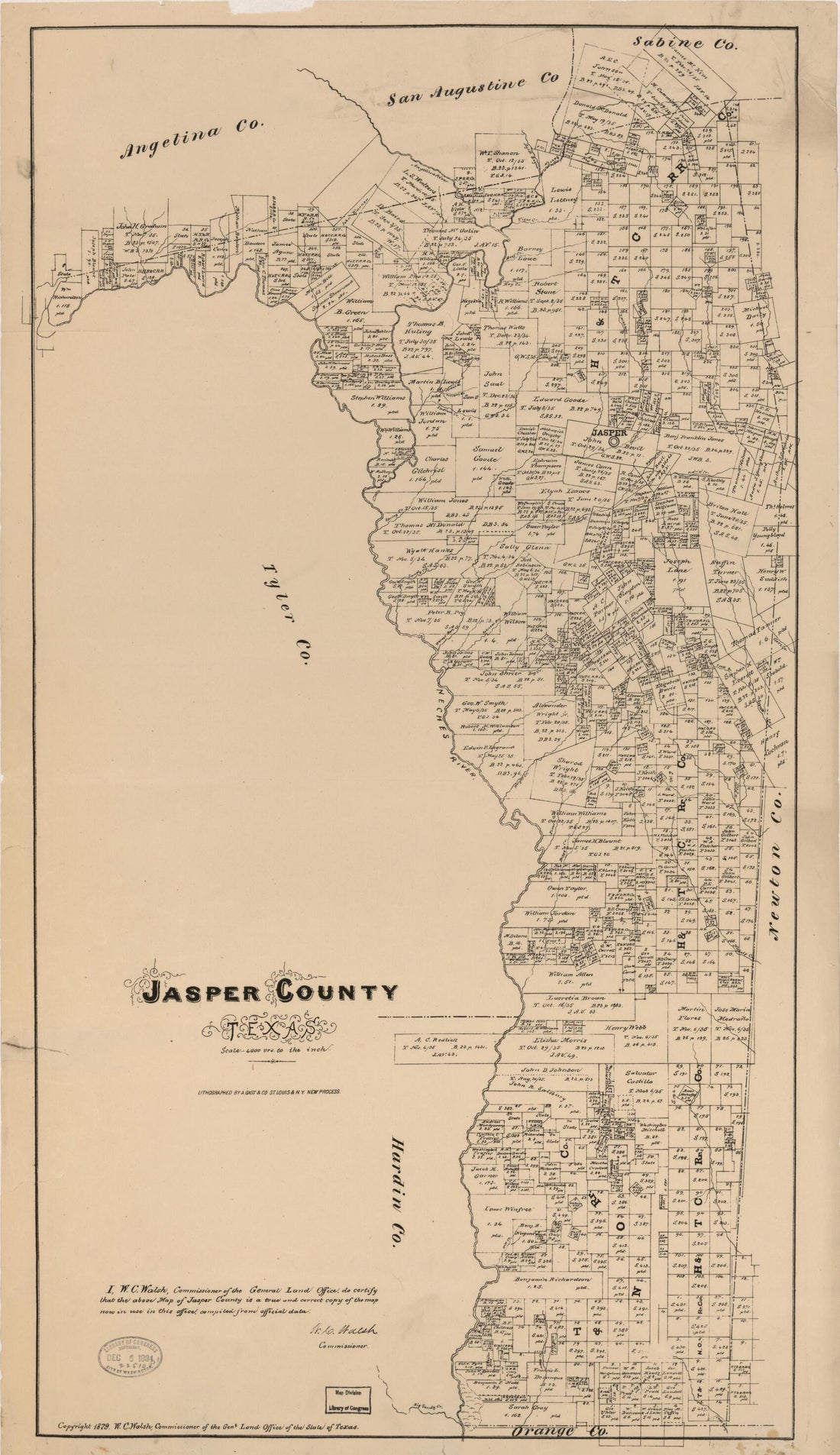 This old map of Jasper County, Texas from 1879 was created by August Gast & Co, Texas. General Land Office, W. C. (William C.) Walsh in 1879