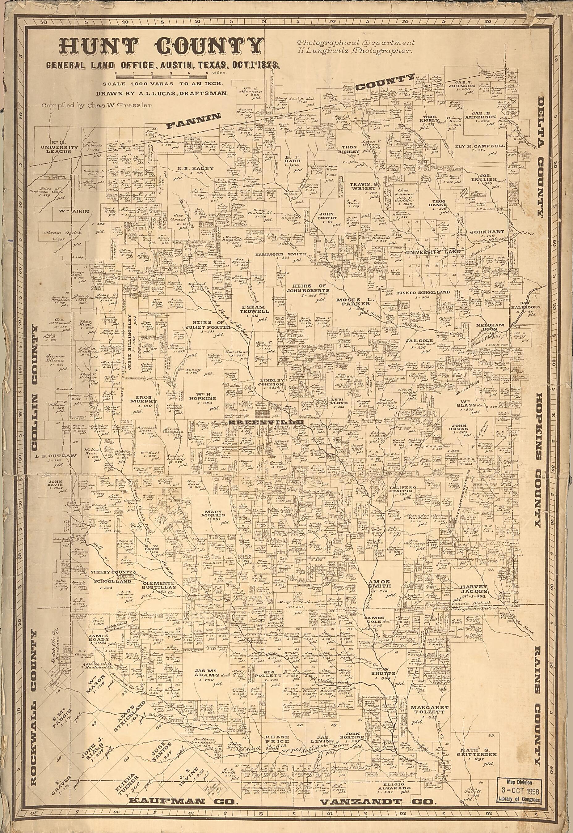 This old map of Hunt County from 1873 was created by A. L. Lucas, Chas. W. Pressler, Texas. General Land Office in 1873
