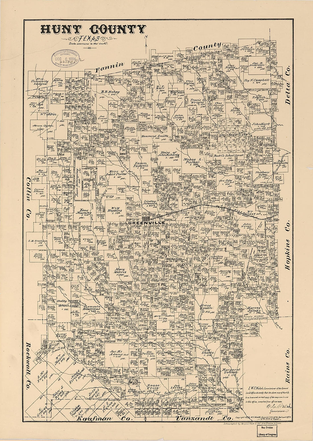 This old map of Hunt County, Texas from 1879 was created by August Gast & Co, Texas. General Land Office, W. C. (William C.) Walsh in 1879