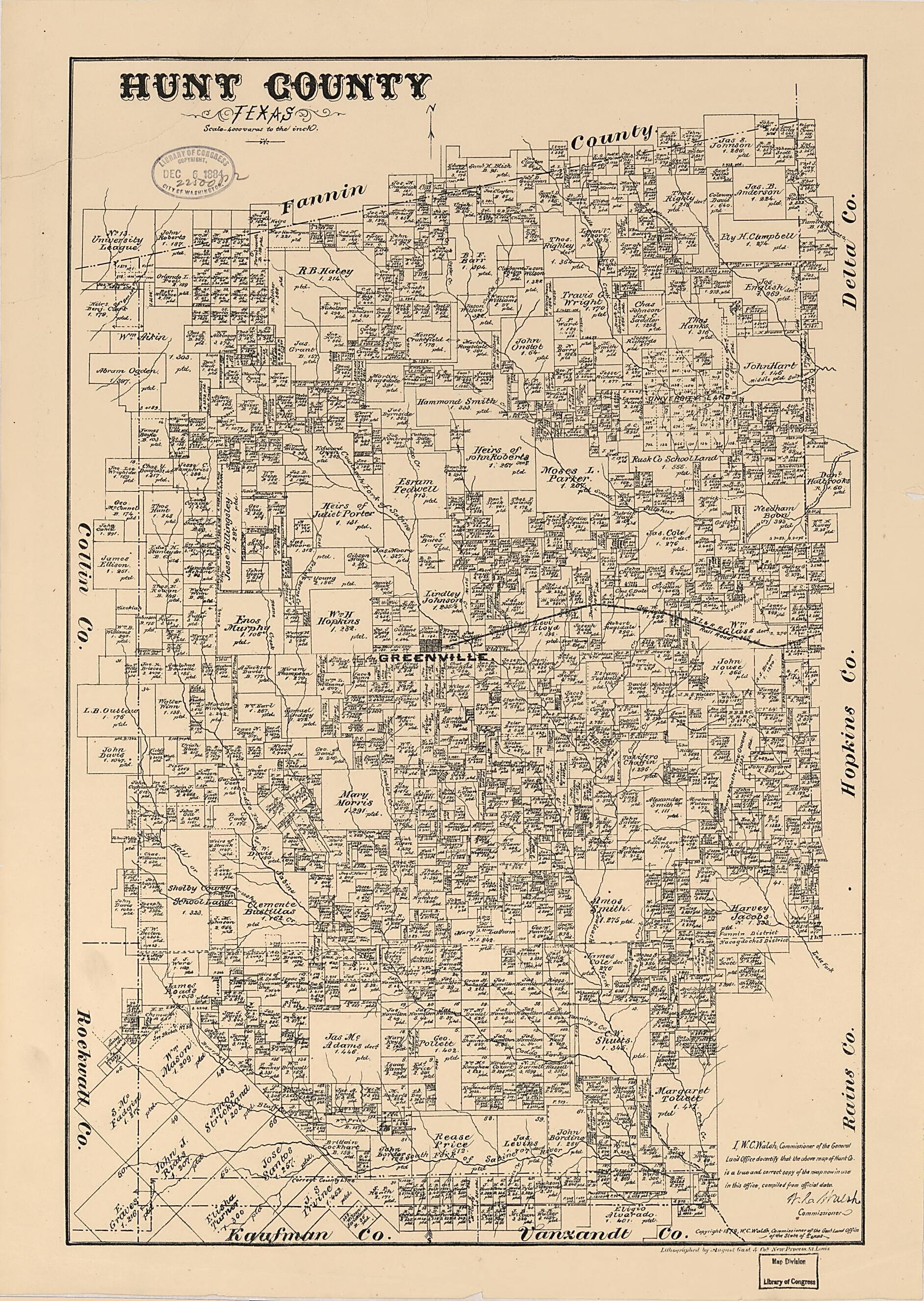 This old map of Hunt County, Texas from 1879 was created by August Gast & Co, Texas. General Land Office, W. C. (William C.) Walsh in 1879