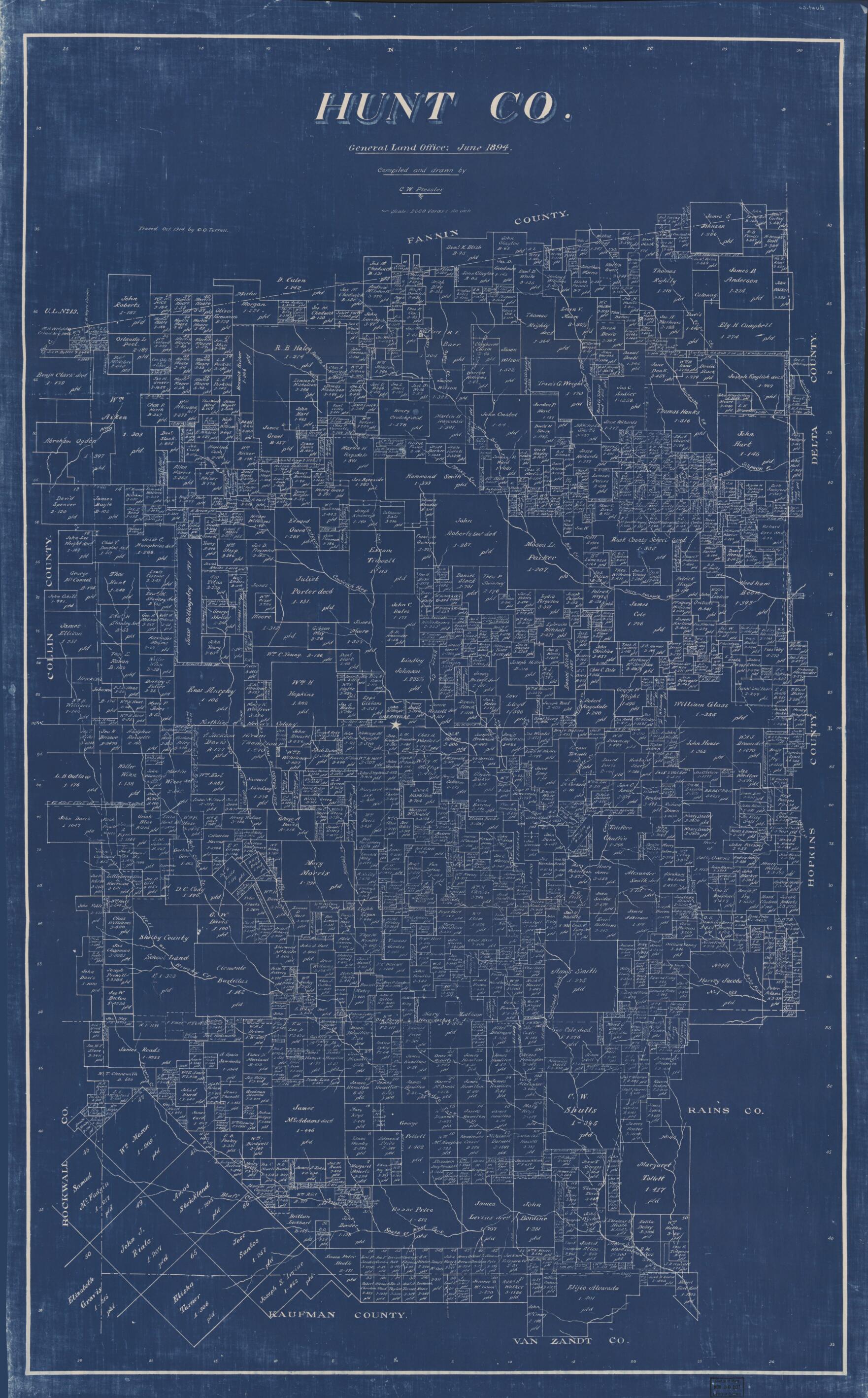 This old map of Hunt Co., Texas (Hunt County, Texas) from 1894 was created by Chas. W. Pressler, Texas. General Land Office in 1894