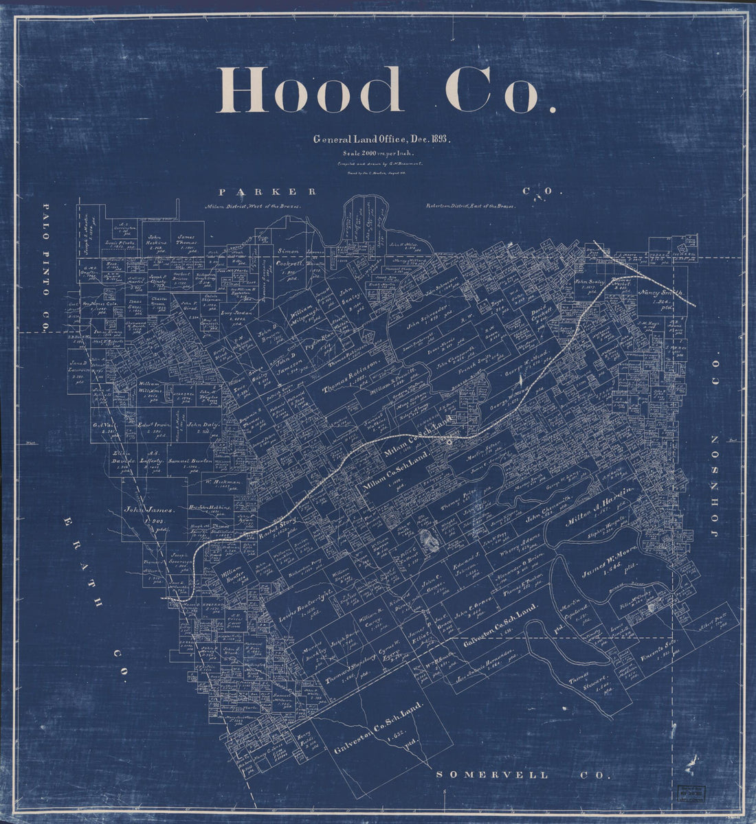 This old map of Hood Co., Texas (Hood County, Texas) from 1893 was created by G. N. Beaumont, Texas. General Land Office in 1893