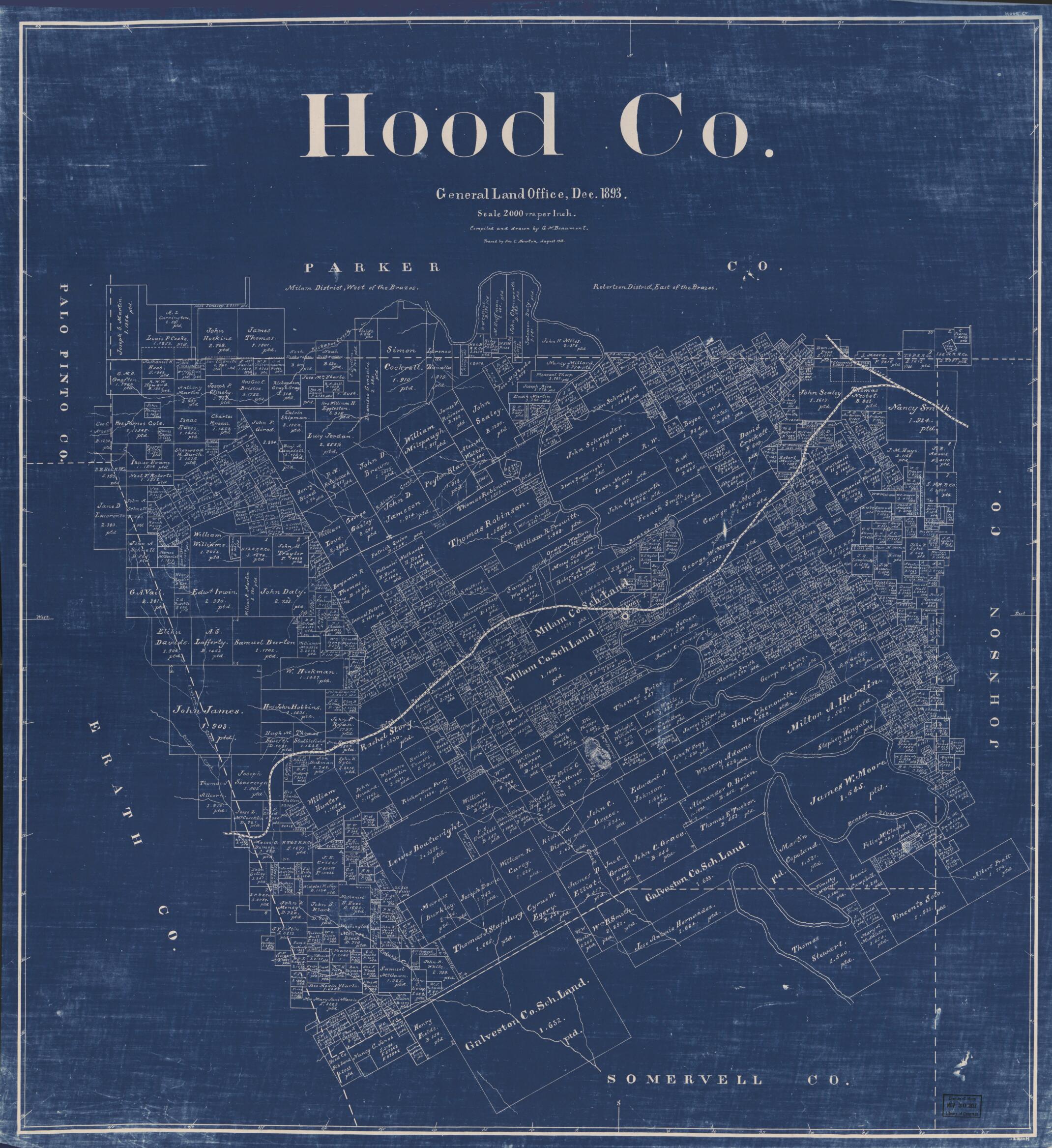 This old map of Hood Co., Texas (Hood County, Texas) from 1893 was created by G. N. Beaumont, Texas. General Land Office in 1893