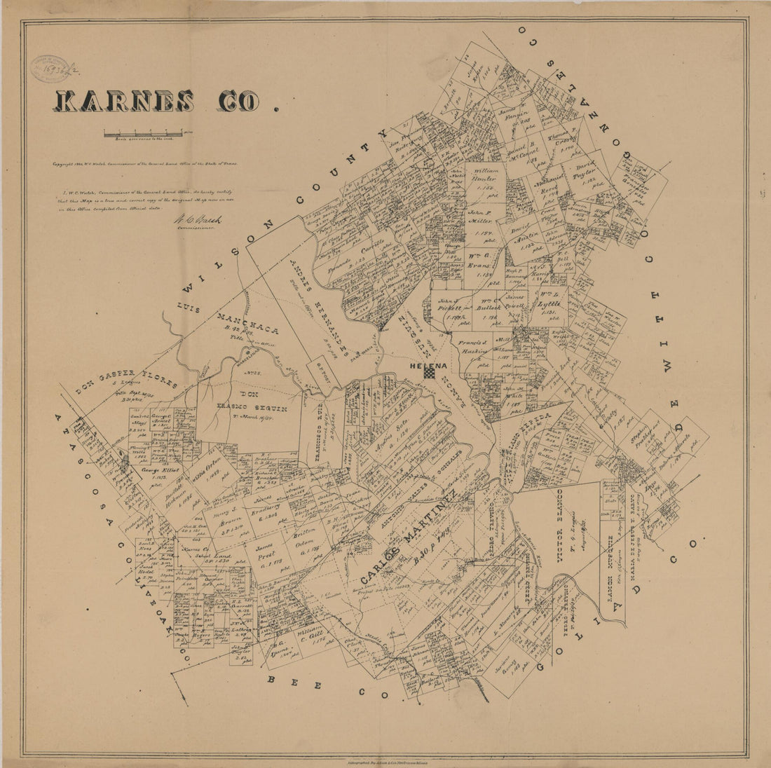 This old map of Karnes Co. (Karnes County) from 1880 was created by August Gast & Co, Texas. General Land Office, W. C. (William C.) Walsh in 1880