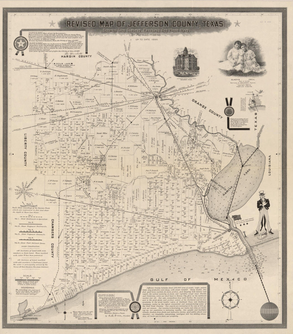 Revised Map of Jefferson County, Texas : Showing Land Surveys, Railroads and Water Ways 1898 by Relic Map Company