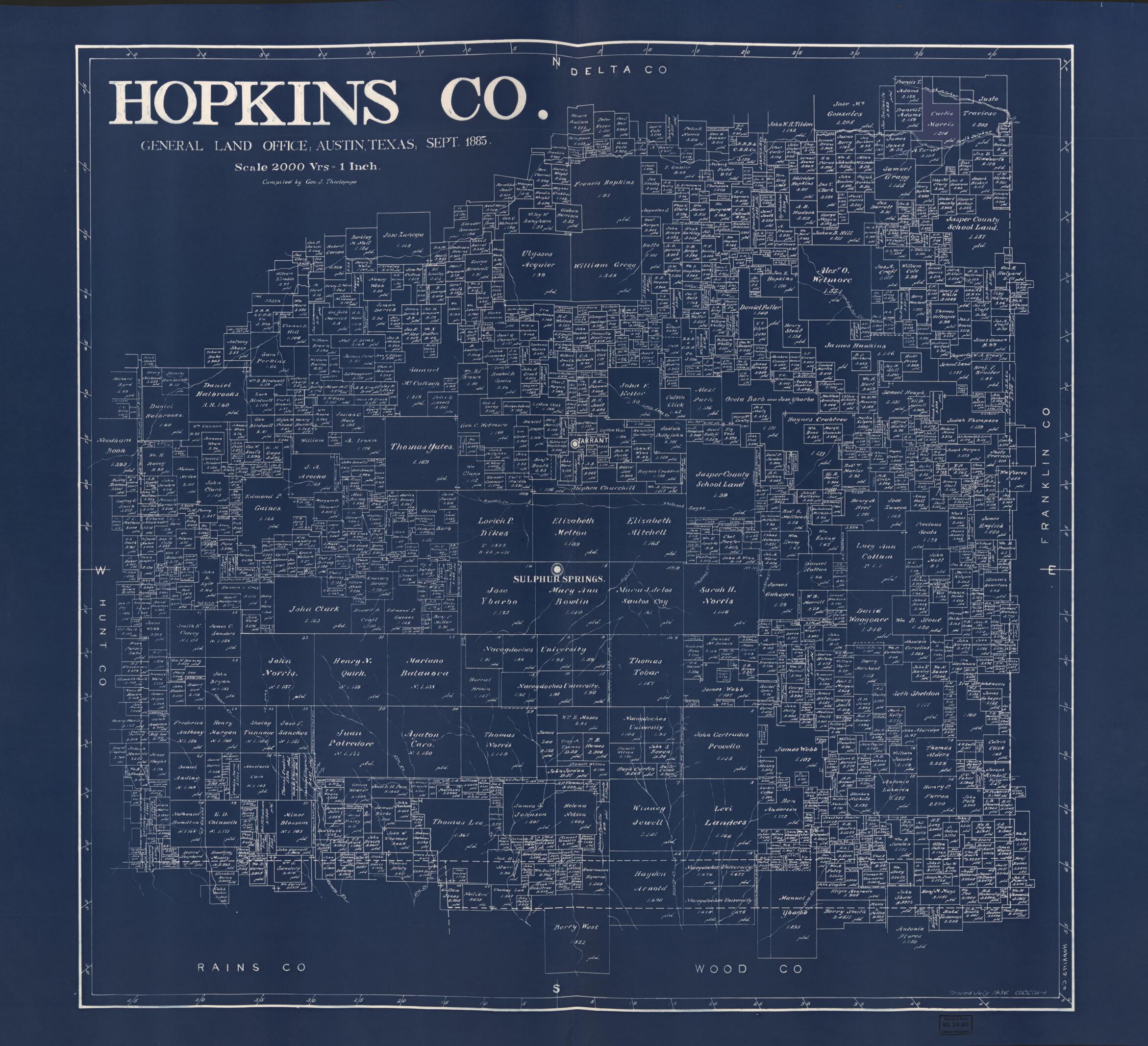 This old map of Hopkins Co. (Hopkins County, Texas) from 1885 was created by Texas. General Land Office, Geo. J. Thielepape in 1885
