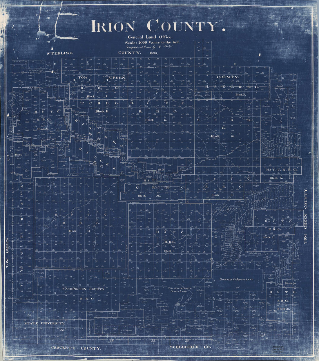 This old map of Irion County / Compiled and Drawn E. Shutz̀e from 1893 was created by E. Shutz̀e, Texas. General Land Office in 1893
