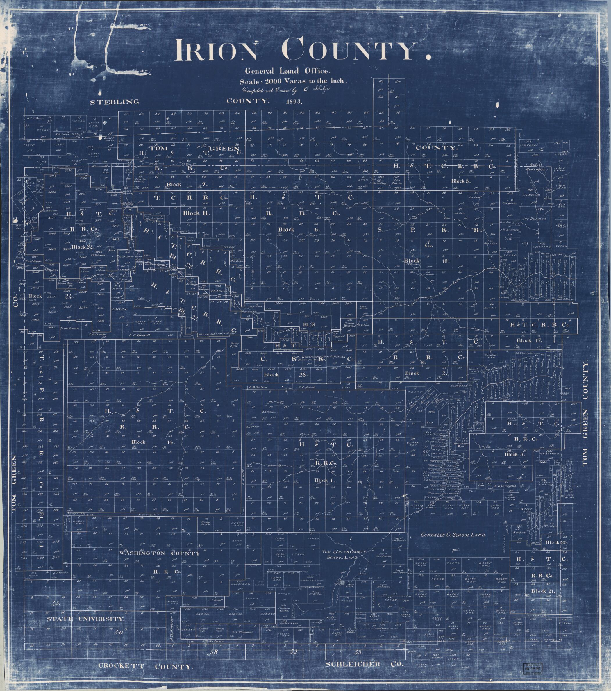 This old map of Irion County / Compiled and Drawn E. Shutz̀e from 1893 was created by E. Shutz̀e, Texas. General Land Office in 1893