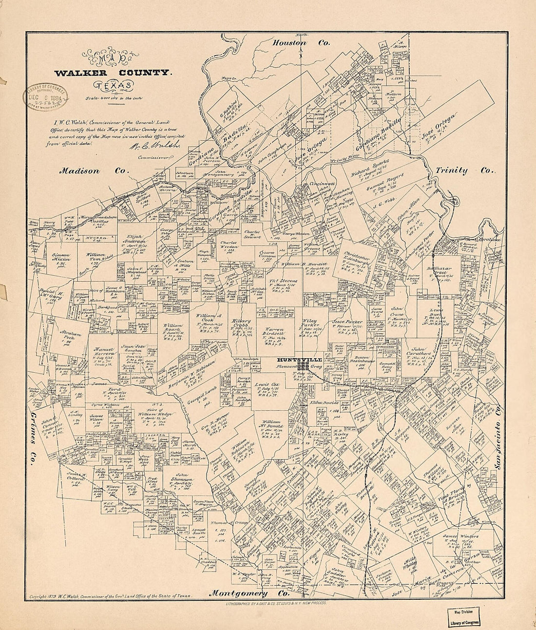 This old map of Map Walker County, Texas from 1879 was created by August Gast & Co, Texas. General Land Office, W. C. (William C.) Walsh in 1879
