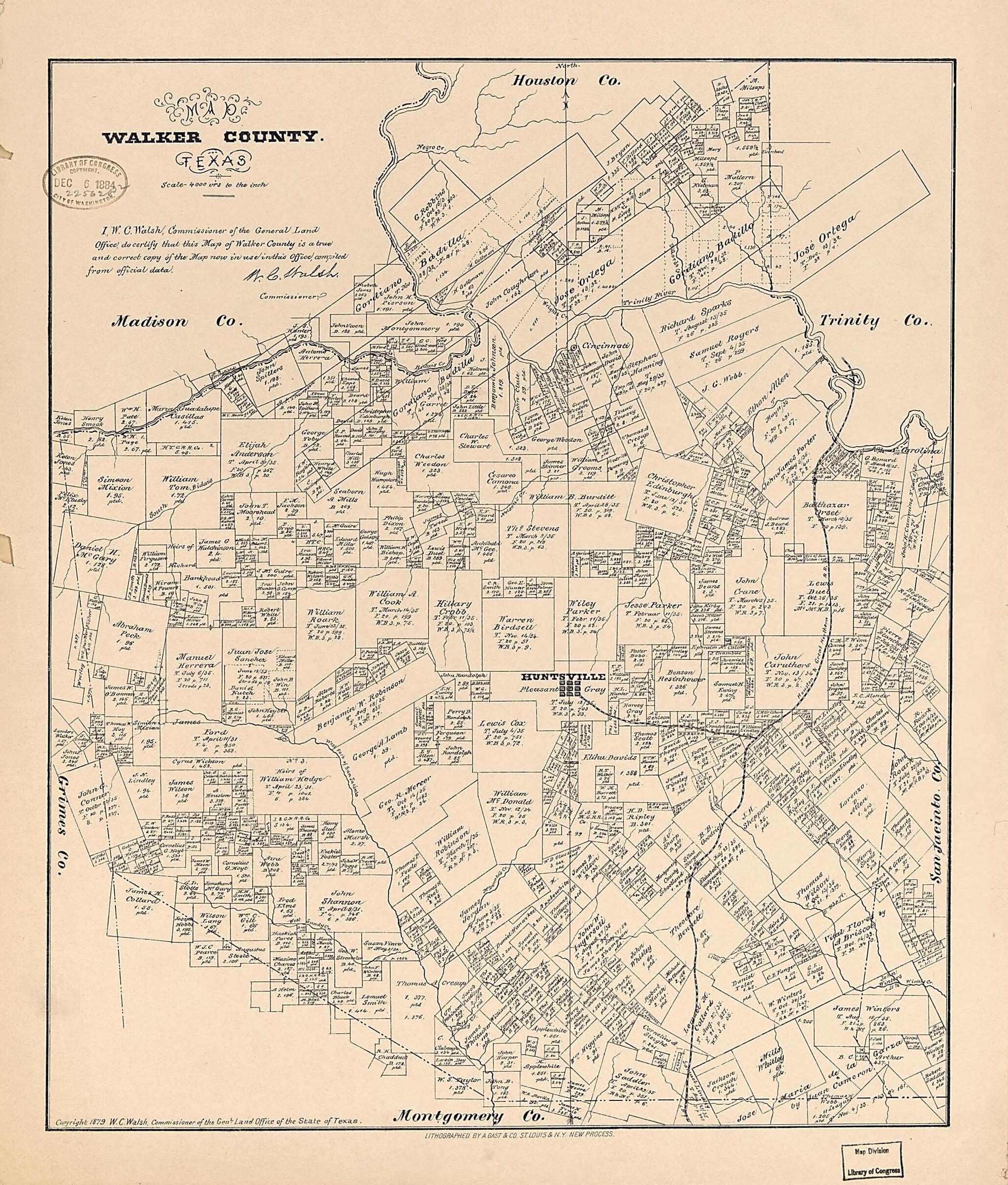 This old map of Map Walker County, Texas from 1879 was created by August Gast & Co, Texas. General Land Office, W. C. (William C.) Walsh in 1879