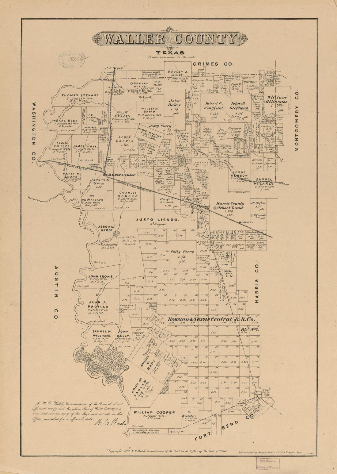 This old map of Waller County, Texas from 1879 was created by August Gast & Co, Texas. General Land Office, W. C. (William C.) Walsh in 1879