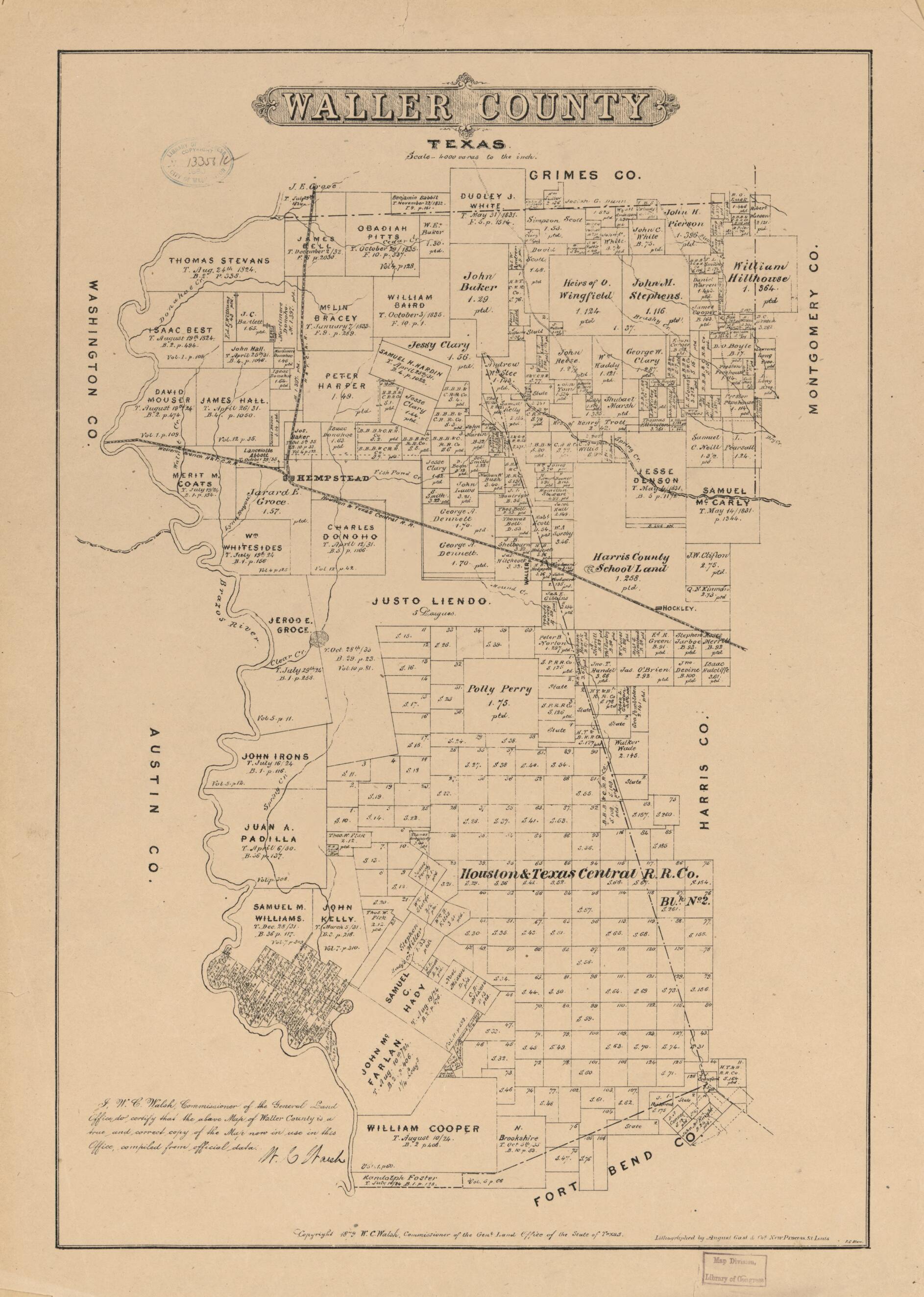 This old map of Waller County, Texas from 1879 was created by August Gast & Co, Texas. General Land Office, W. C. (William C.) Walsh in 1879