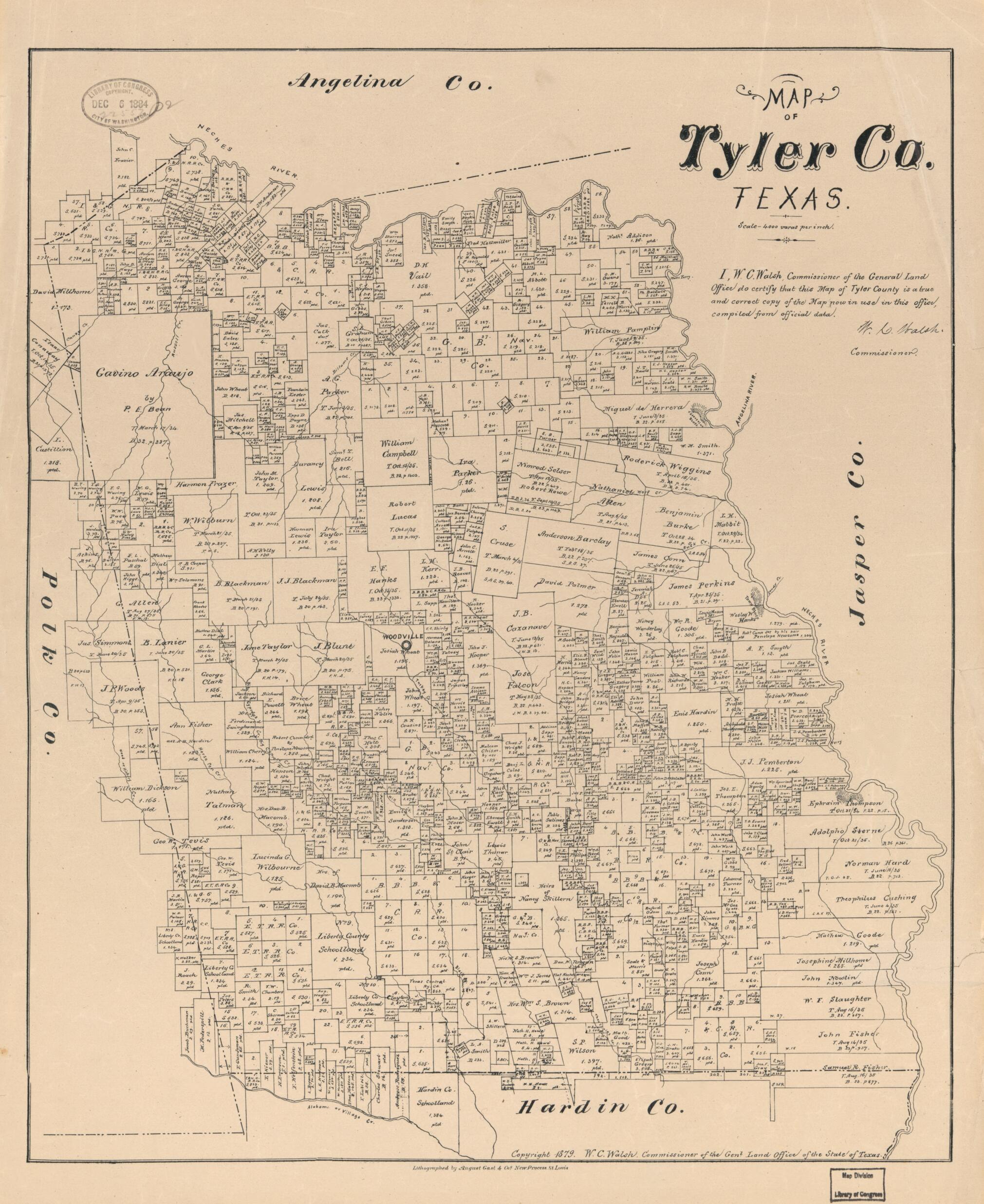 This old map of Map of Tyler Co., Texas. (Map of Tyler County, Texas) from 1879 was created by August Gast & Co, Texas. General Land Office, W. C. (William C.) Walsh in 1879