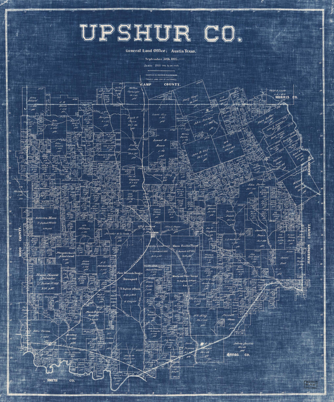 This old map of Upshur Co. (Upshur County, Texas) from 1897 was created by Chas. W. Pressler, Texas. General Land Office in 1897
