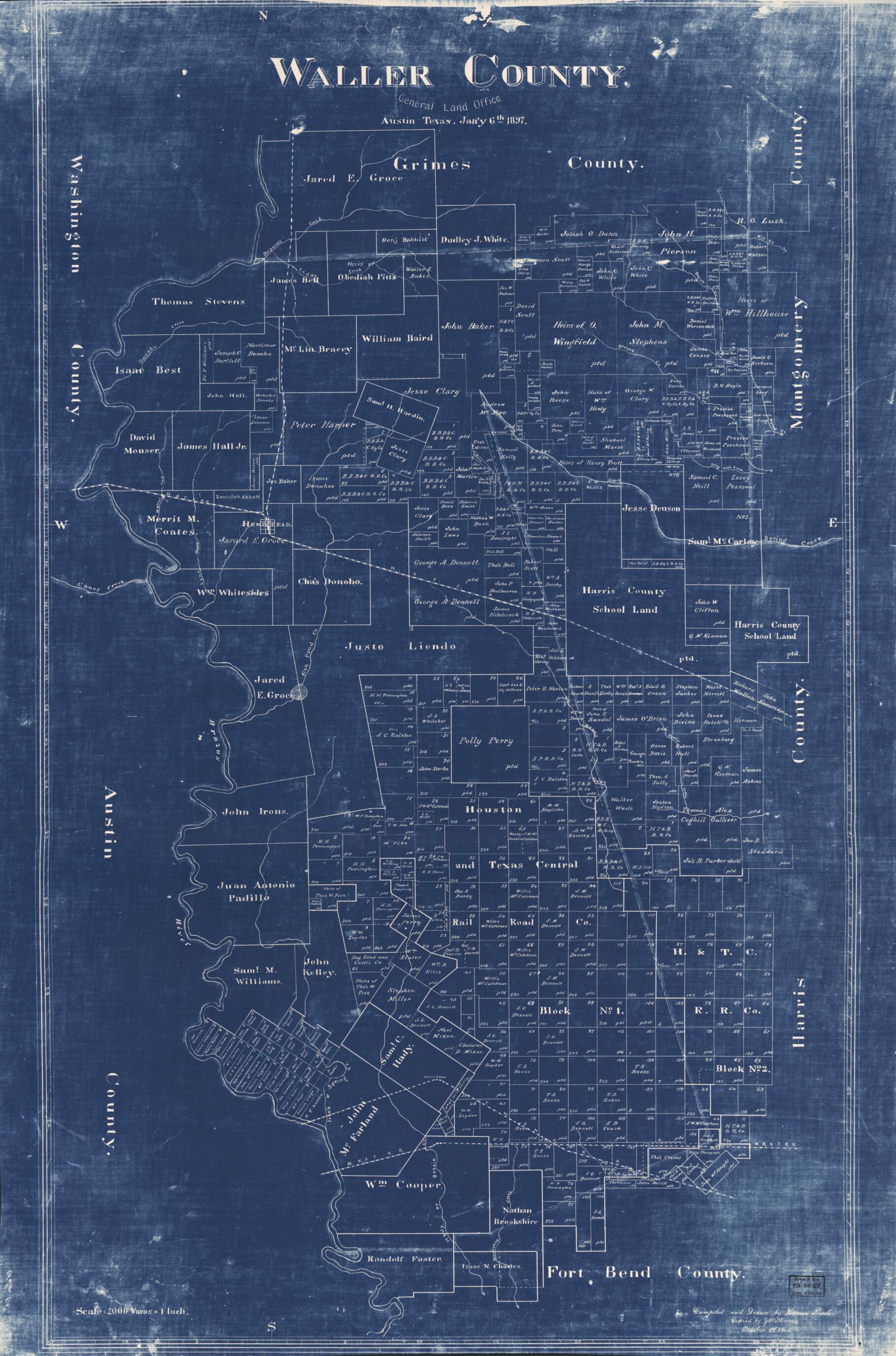 This old map of Waller County from 1897 was created by Herman Pressler, Texas. General Land Office in 1897