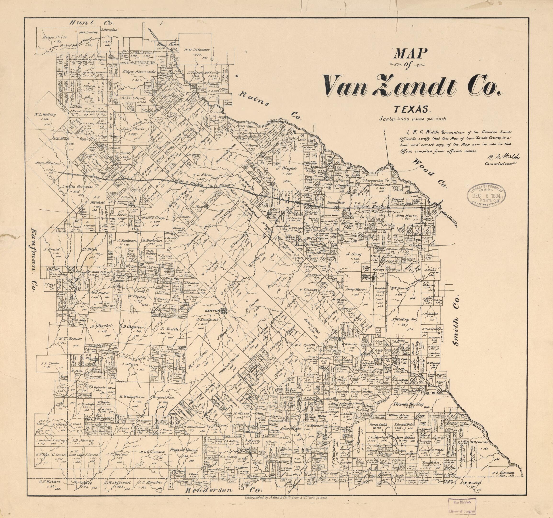 This old map of Map of Van Zandt Co., Texas. (Map of Van Zandt County, Texas) from 1884 was created by August Gast & Co, Texas. General Land Office, W. C. (William C.) Walsh in 1884