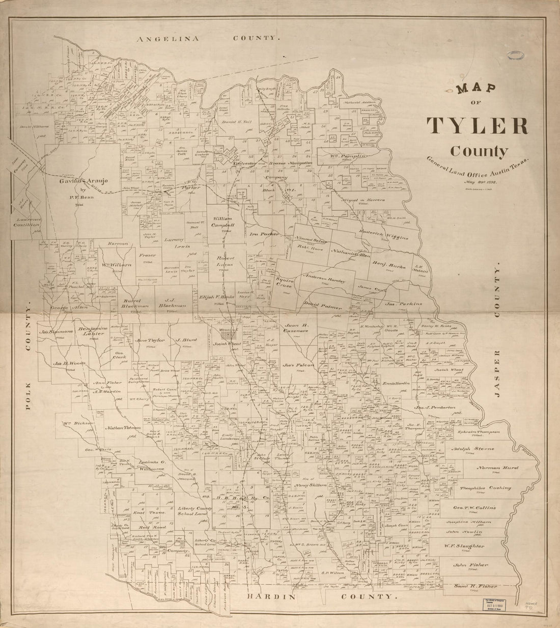 This old map of Map of Tyler County from 1898 was created by Texas. General Land Office in 1898