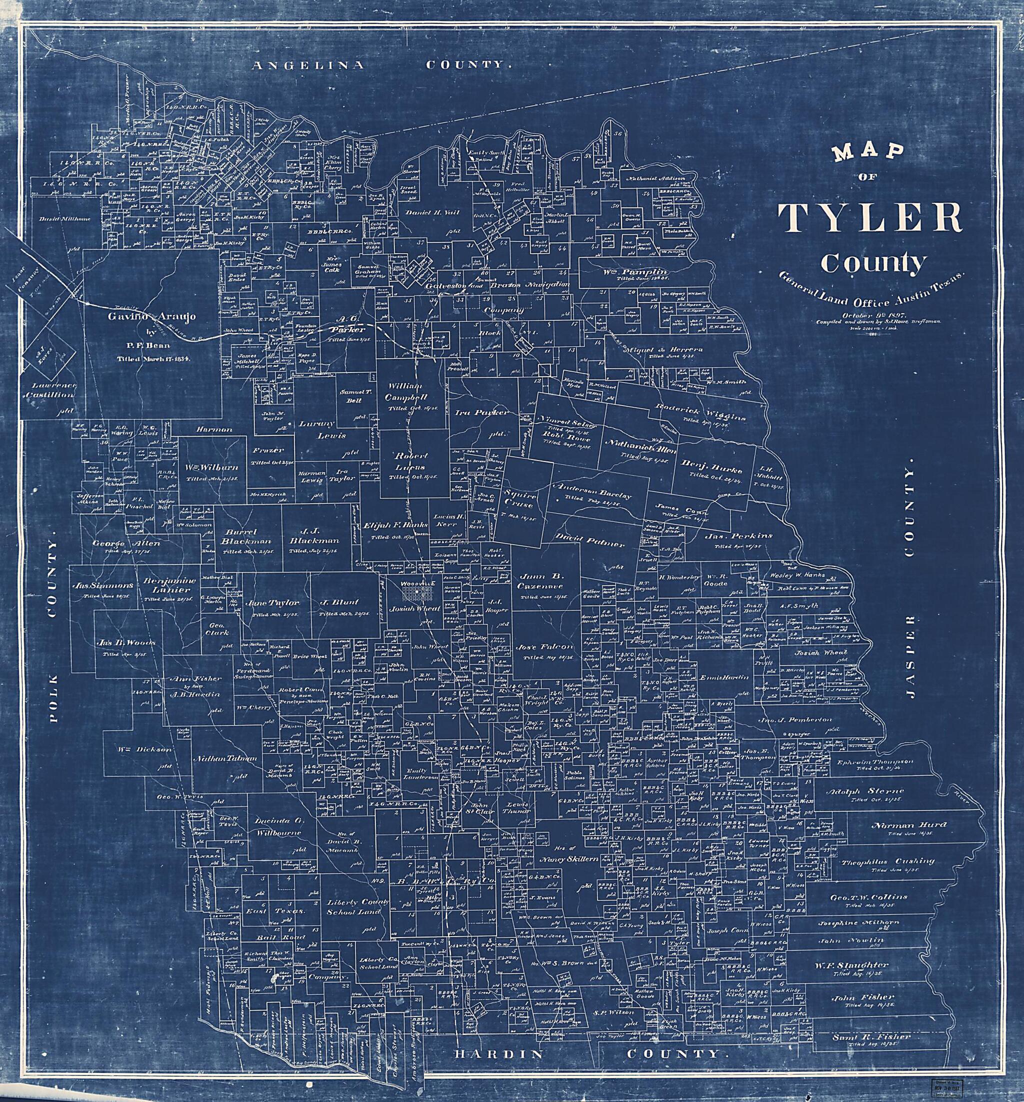 This old map of Map of Tyler County / Compiled and Drawn by S.J. Rowe, Draftsman from 1897 was created by S. J. Rowe, Texas. General Land Office in 1897