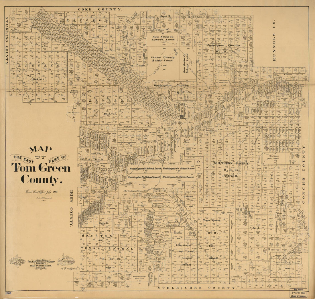 This old map of Map of the East Part of Tom Green County from 1894 was created by W. L. McGaughey, Texas. General Land Office in 1894