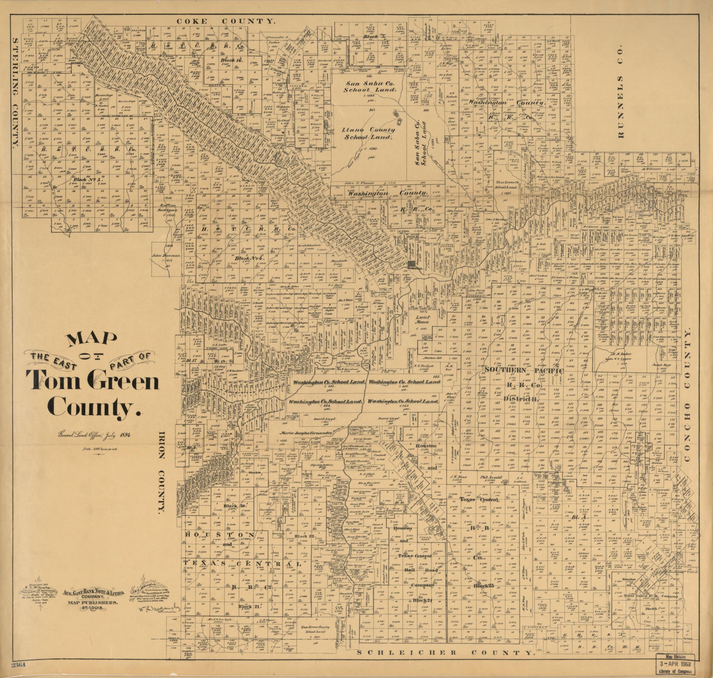 This old map of Map of the East Part of Tom Green County from 1894 was created by W. L. McGaughey, Texas. General Land Office in 1894