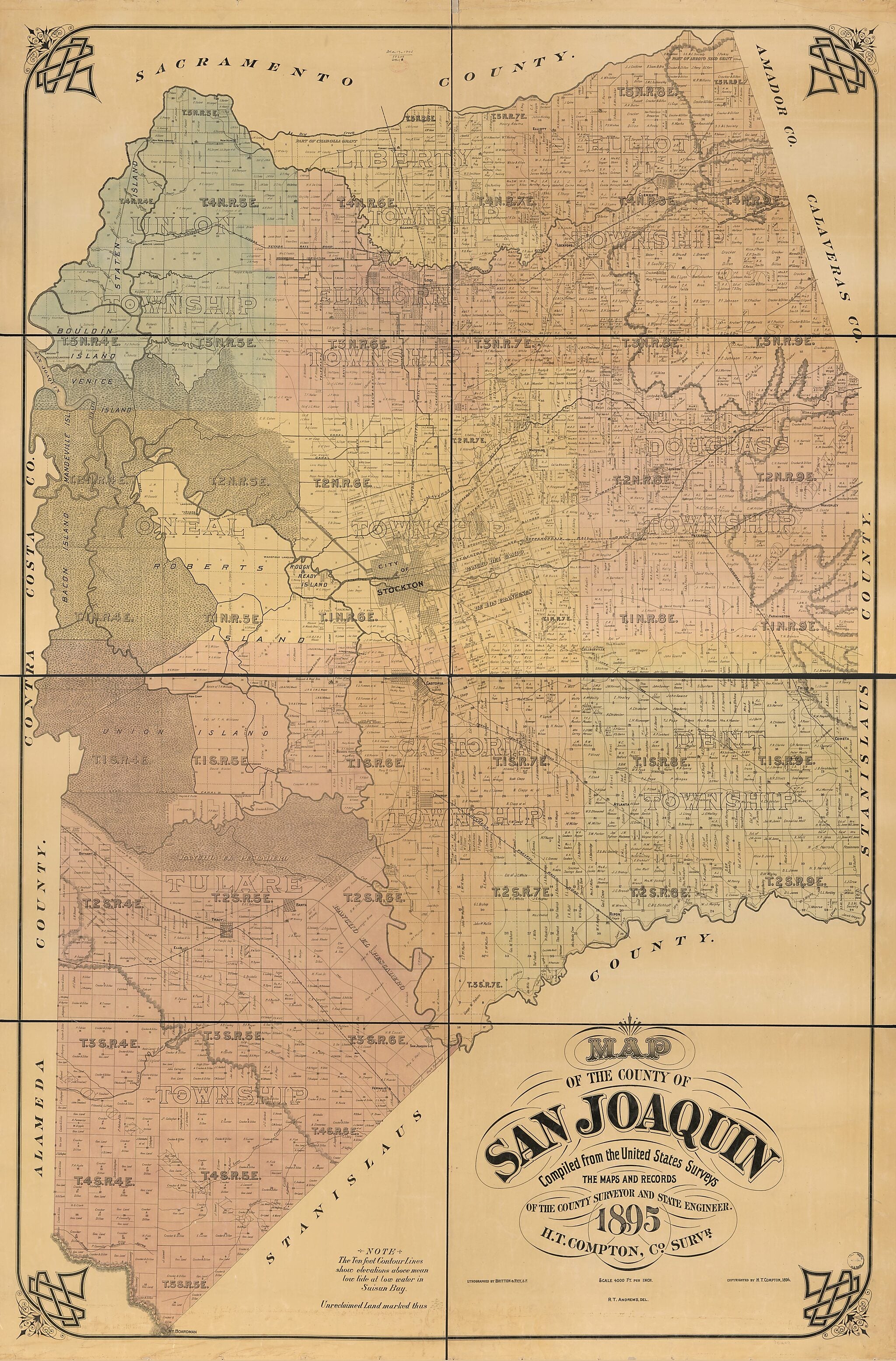 This old map of Map of the County of San Joaquin : Compiled from the United States Surveys, the Maps and Records of the County Surveyor and State Engineer, from 1895 was created by Britton & Rey, H. T. (Harry Trueman) Compton in 1895
