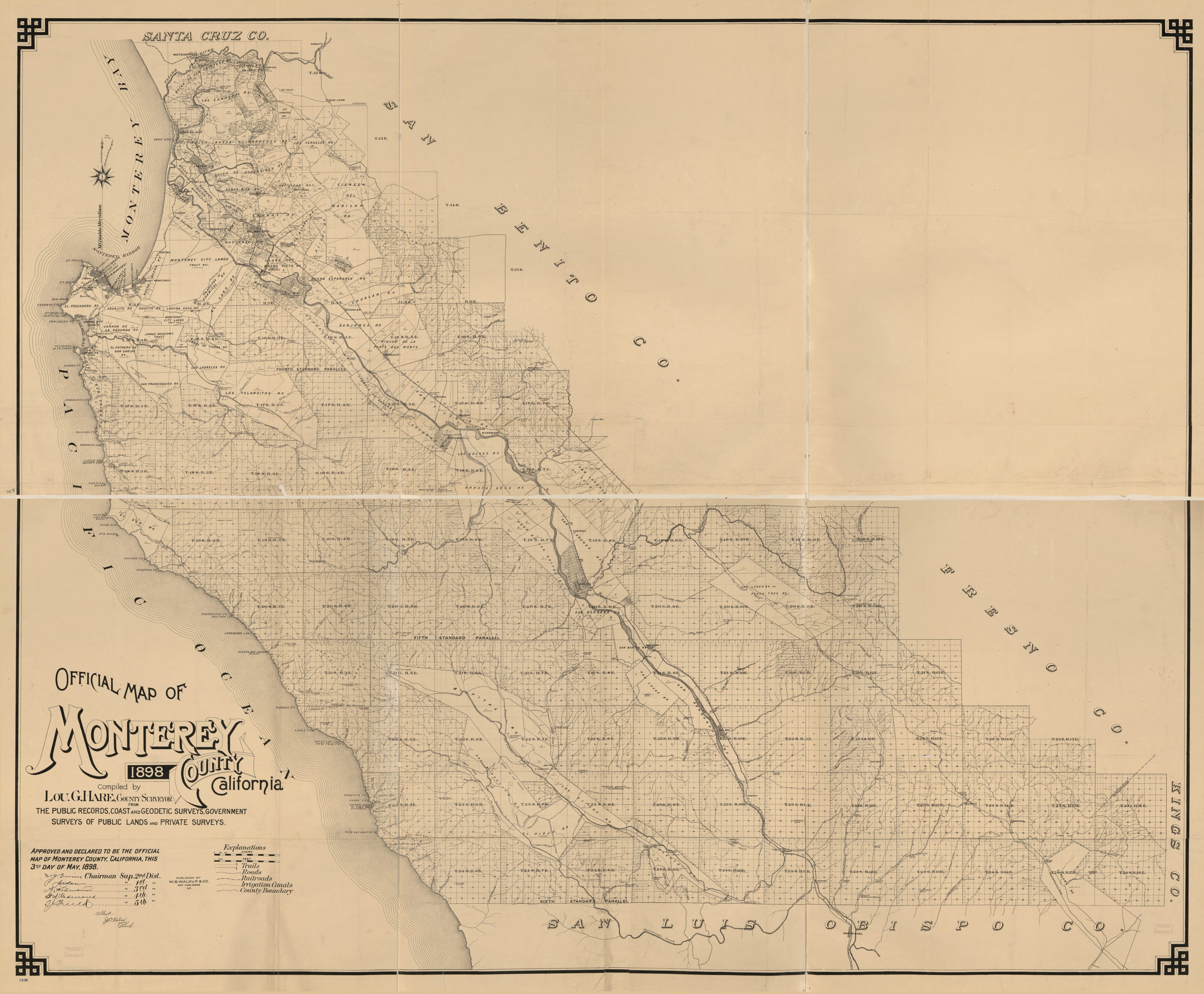 This old map of Official Map of Monterey County, California, from 1898 was created by Lou G. Hare,  W.B. Walkup & Co in 1898