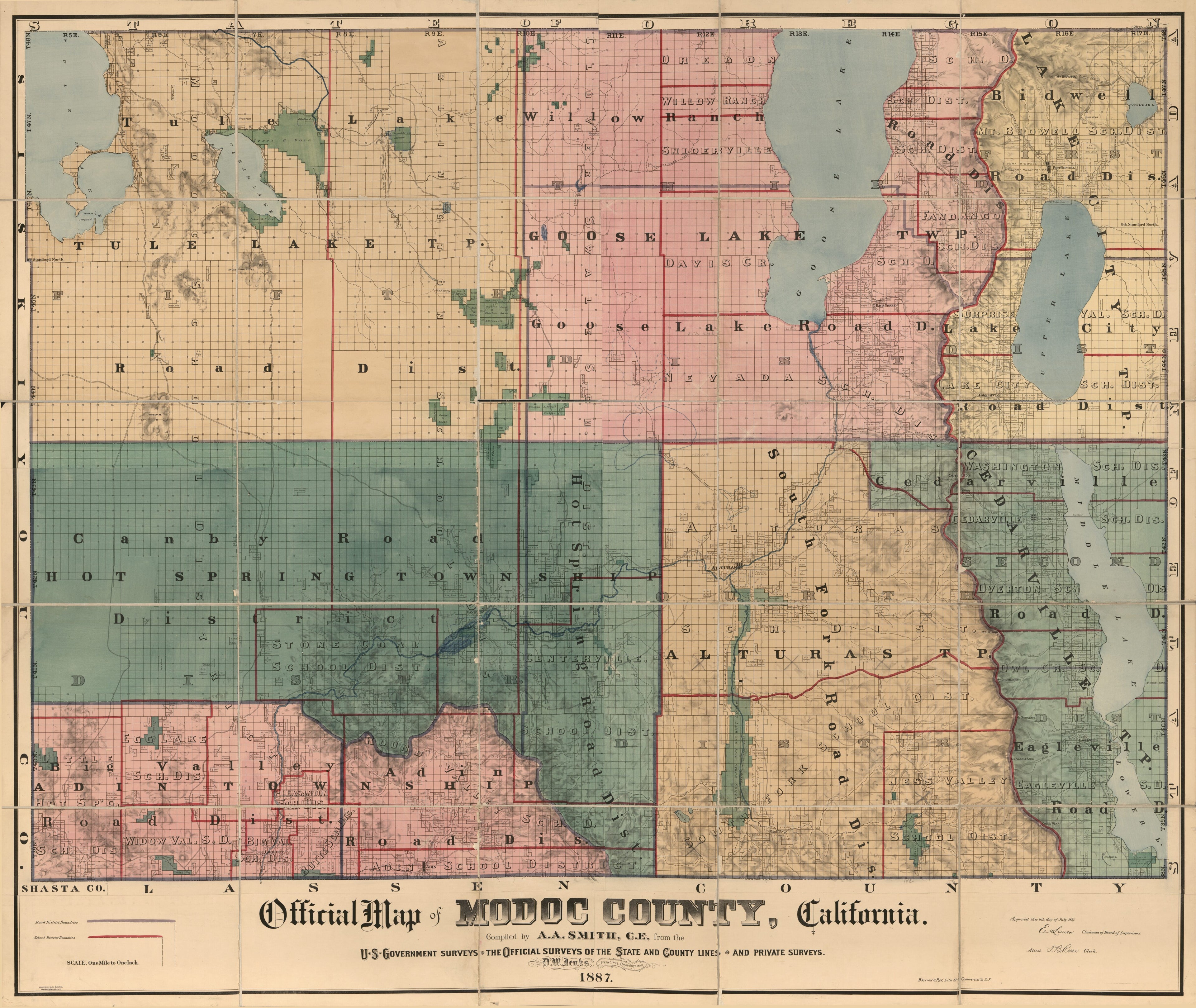 This old map of Official Map of Modoc County, California from 1887 was created by Britton & Rey, D. W. Jenks, A. A. Smith in 1887