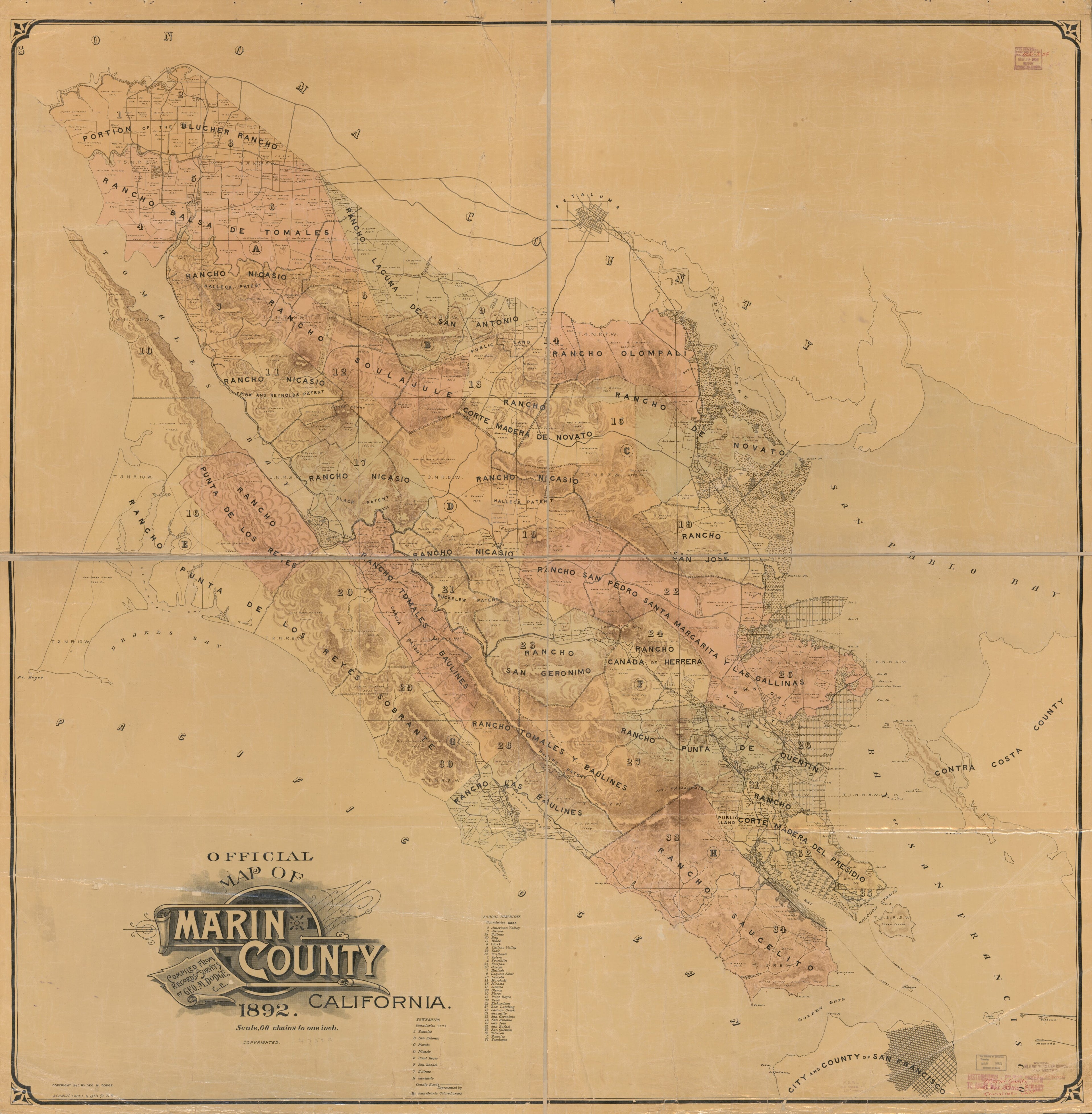 This old map of Official Map of Marin County, California from 1892 was created by Geo. M. (George M.) Dodge, Schmidt Label & Litho. Co in 1892