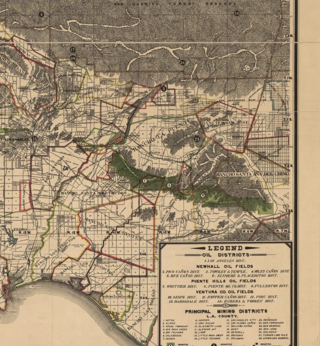 This old map of Sectional & Road Map of Los Angeles County : Including Part of Orange and Ventura Counties, Showing the Oil and Mining Districts (Sectional and Road Map of Los Angeles County) from 1900 was created by A. L. George,  Stoll & Thayer in 1900
