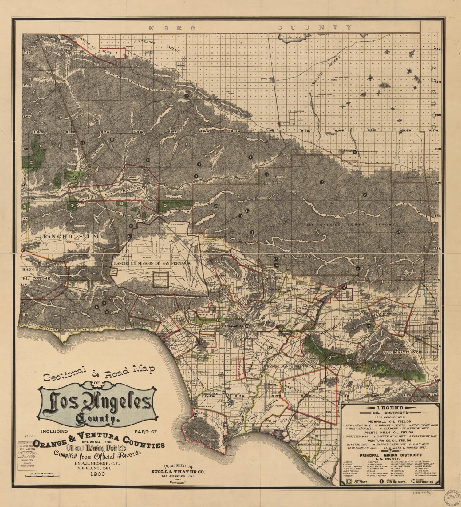 This old map of Sectional & Road Map of Los Angeles County : Including Part of Orange and Ventura Counties, Showing the Oil and Mining Districts (Sectional and Road Map of Los Angeles County) from 1900 was created by A. L. George,  Stoll & Thayer in 1900