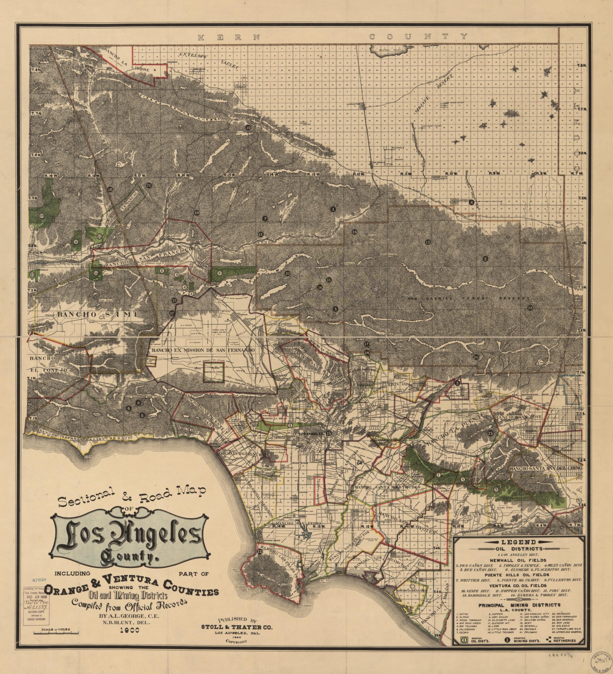 This old map of Sectional & Road Map of Los Angeles County : Including Part of Orange and Ventura Counties, Showing the Oil and Mining Districts (Sectional and Road Map of Los Angeles County) from 1900 was created by A. L. George, Stoll & Thayer in 1900