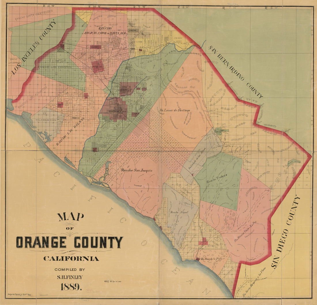 This old map of Map of Orange County, California from 1889 was created by S. H. (Solomon Henderson) Finley, H.S. Crocker & Co in 1889