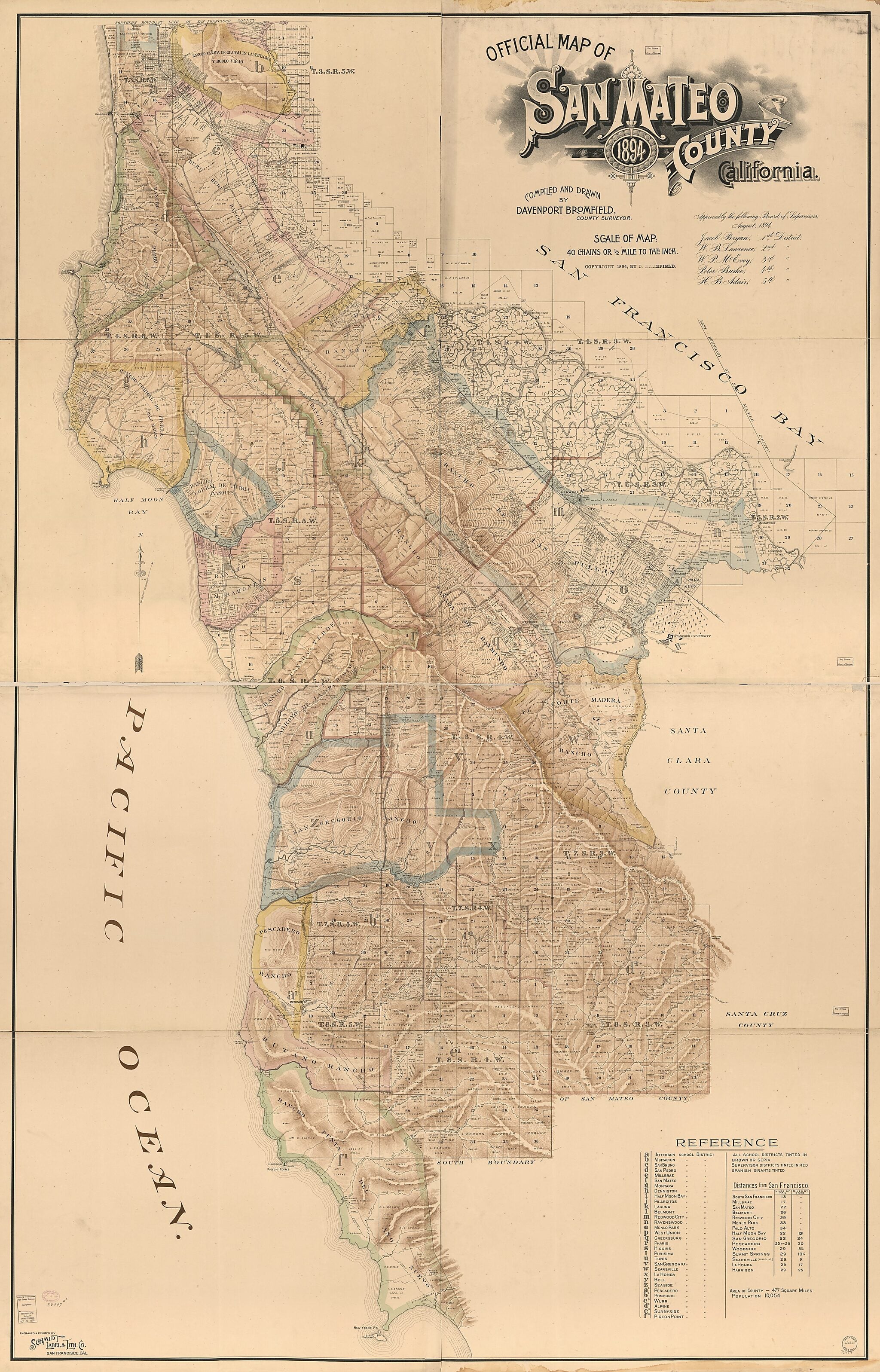 This old map of Official Map of San Mateo County, California from 1894 was created by D. (Davenport) Bromfield, Schmidt Label & Litho. Co in 1894