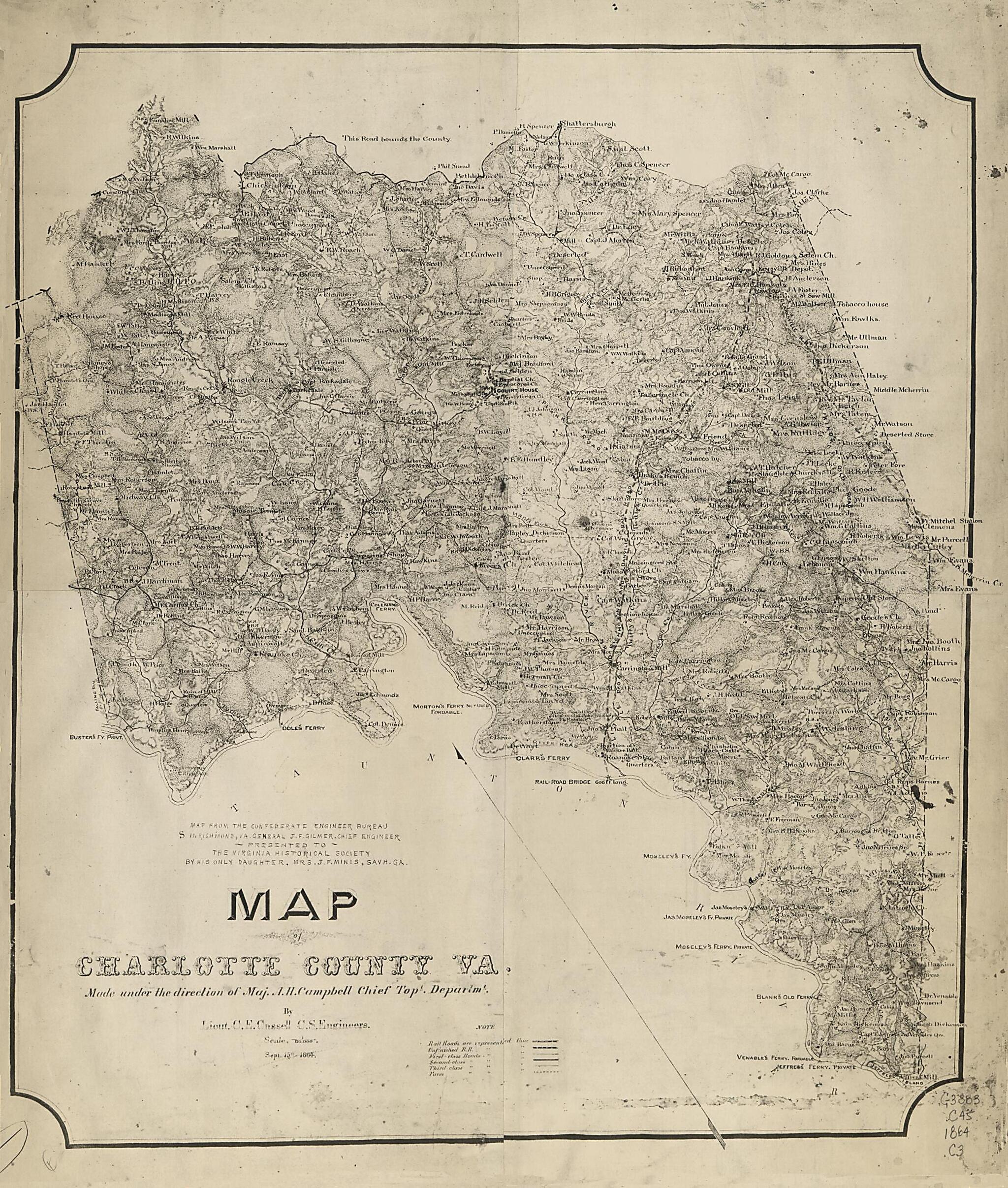 This old map of Map of Charlotte County, Va. (Map of Charlotte County, Virginia) from 1864 was created by Albert H. (Albert Henry) Campbell, Charles E. Cassell, Confederate States of America. Army. Department of Northern Virginia. Chief Engineer&