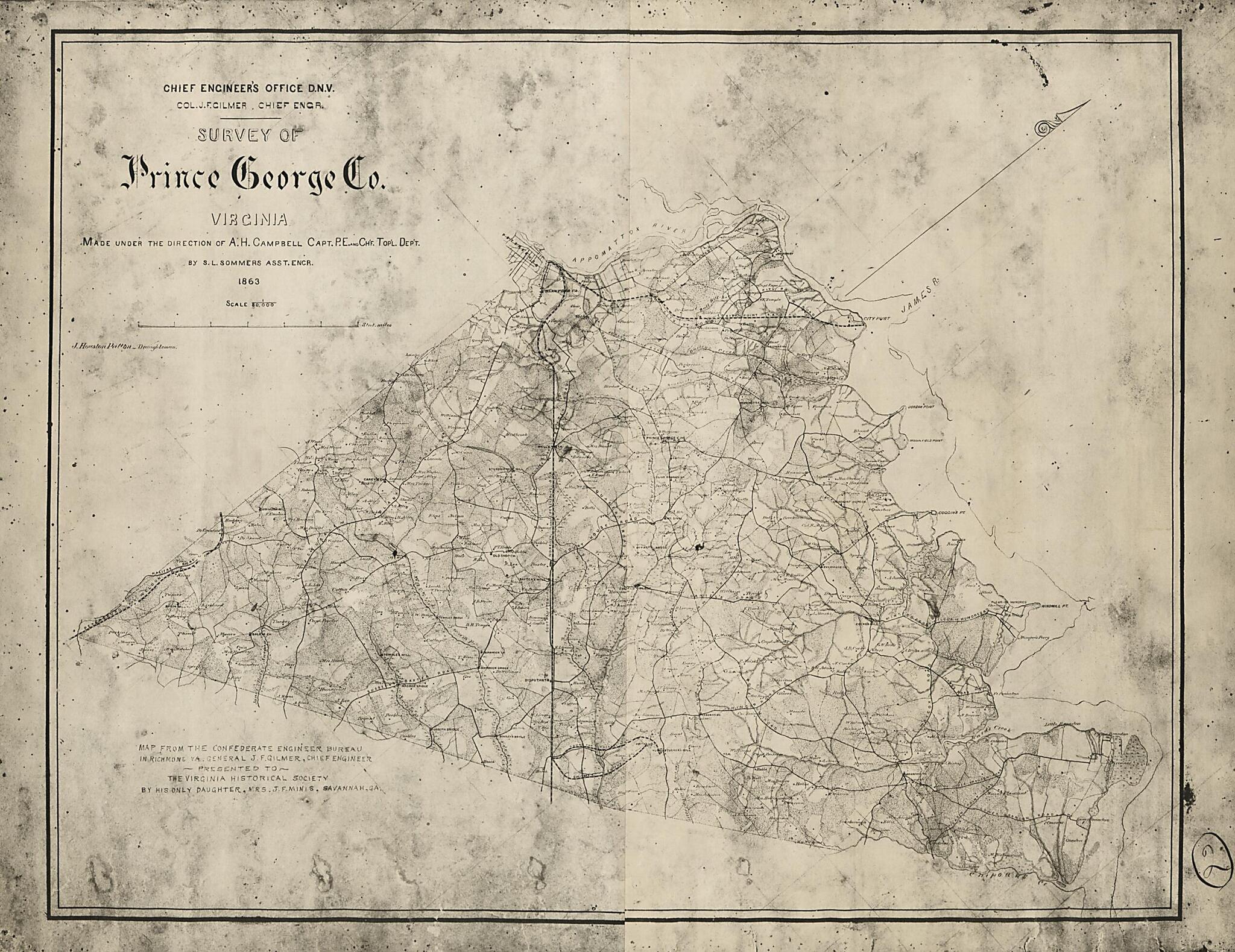This old map of Survey of Prince George County, Virginia (Survey of Prince George County, Virginia) from 1863 was created by Albert H. (Albert Henry) Campbell, Confederate States of America. Army. Department of Northern Virginia. Chief Engineer&