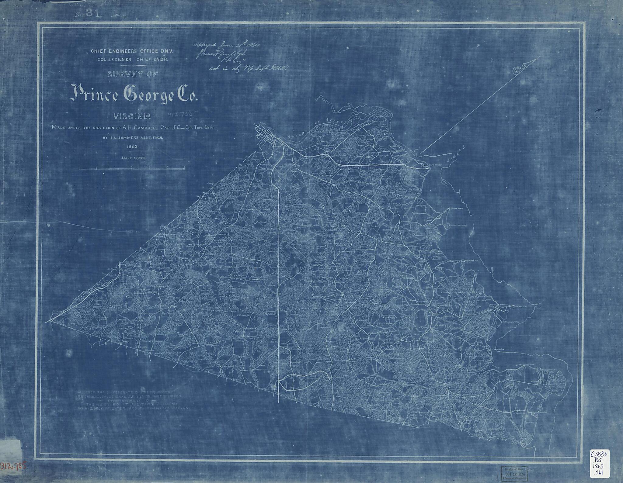 This old map of Survey of Prince George County, Virginia (Survey of Prince George County, Virginia) from 1863 was created by Albert H. (Albert Henry) Campbell, Confederate States of America. Army. Department of Northern Virginia. Chief Engineer&