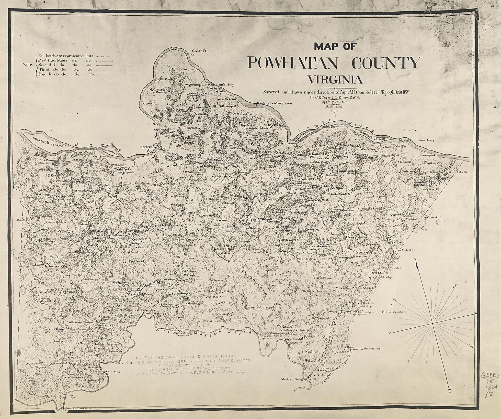 This old map of Map of Powhatan County, Virginia (Powhatan County, from 1864) was created by Albert H. (Albert Henry) Campbell, Charles E. Cassell, Confederate States of America. Army. Department of Northern Virginia. Chief Engineer&
