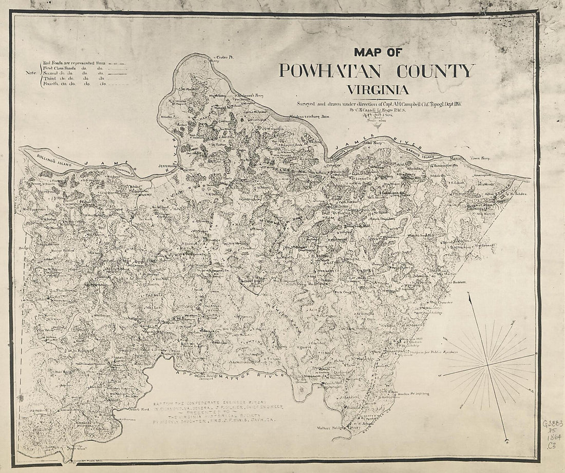 This old map of Map of Powhatan County, Virginia (Powhatan County, from 1864) was created by Albert H. (Albert Henry) Campbell, Charles E. Cassell, Confederate States of America. Army. Department of Northern Virginia. Chief Engineer&