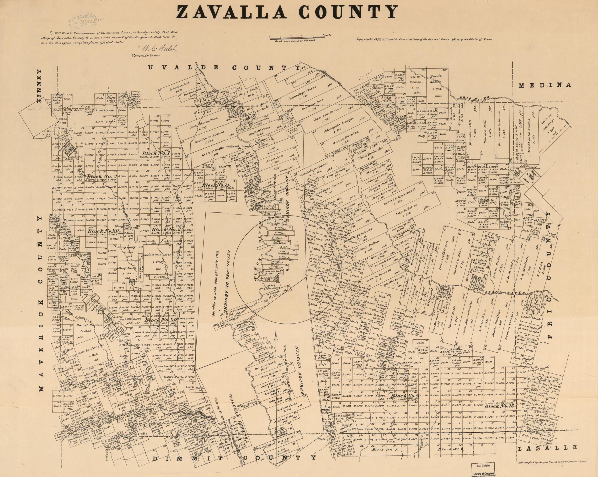 This old map of Zavalla sic. County. (Zavala County) from 1879 was created by August Gast & Co, Texas. General Land Office, W. C. (William C.) Walsh in 1879