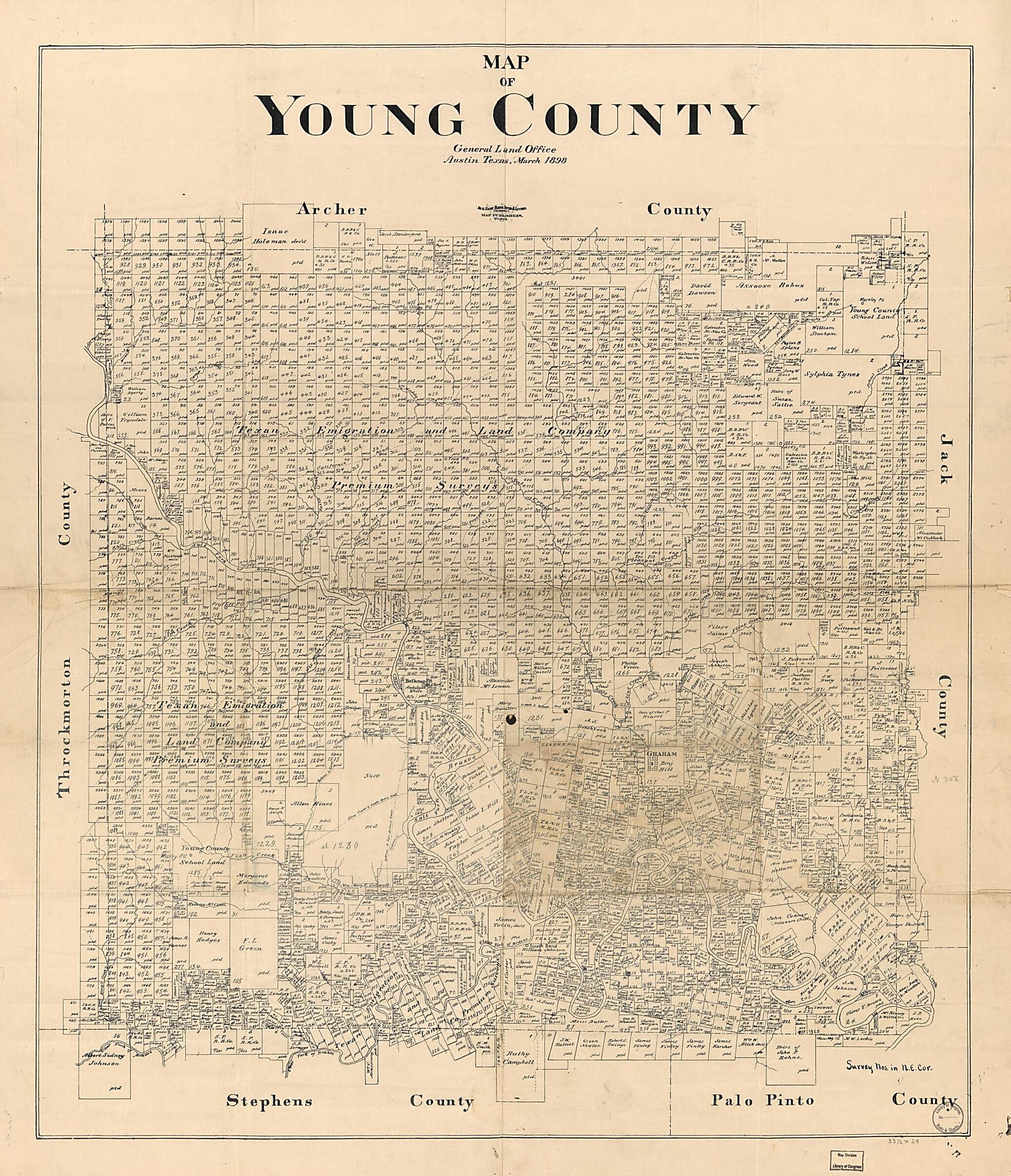 This old map of Map of Young County from 1898 was created by August Gast & Co, Texas. General Land Office in 1898