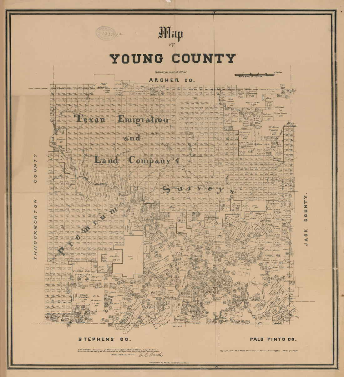 This old map of Map of Young County from 1880 was created by August Gast & Co, Texas. General Land Office, W. C. (William C.) Walsh in 1880