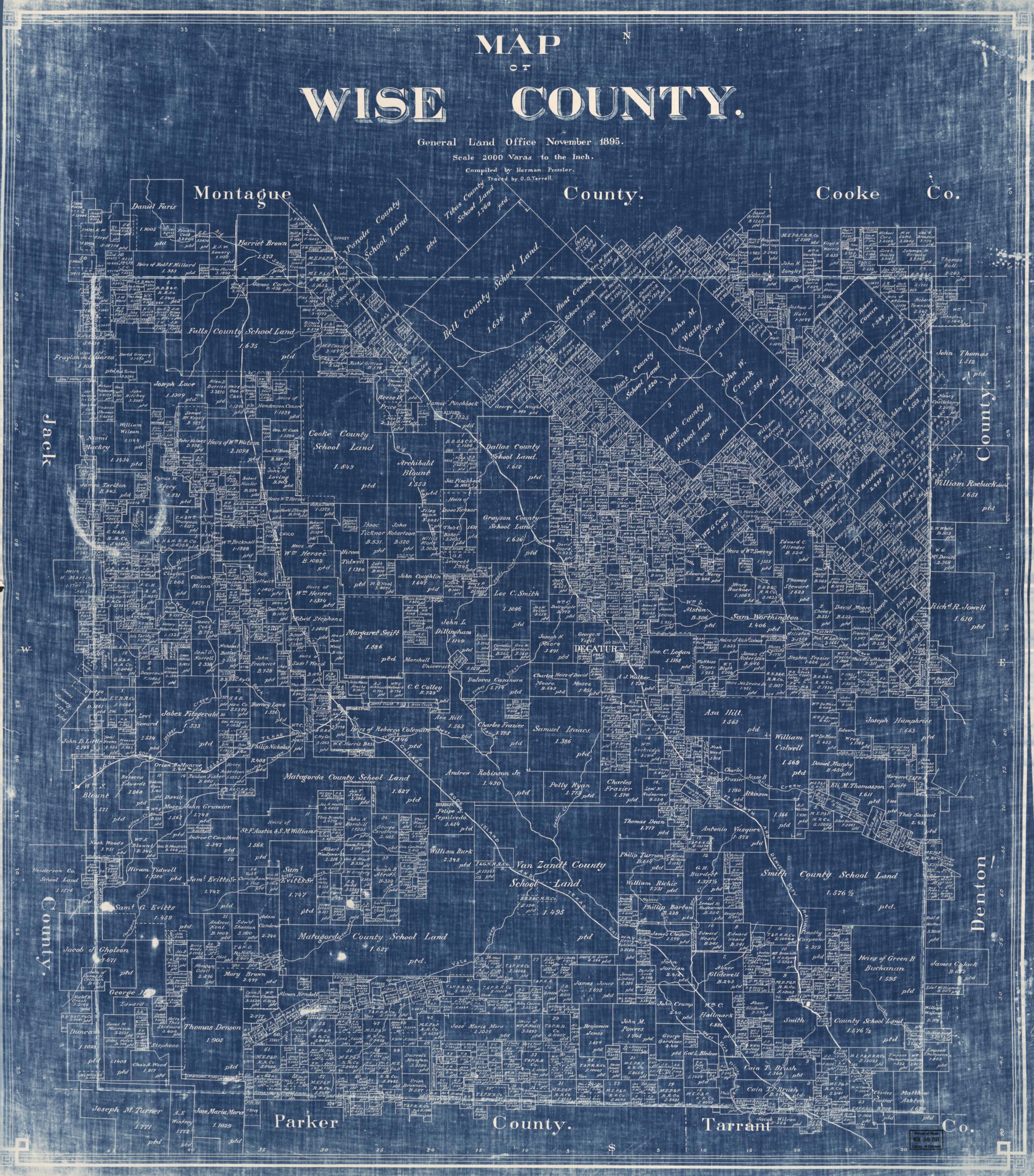 This old map of Map of Wise County from 1895 was created by Herman Pressler, Texas. General Land Office in 1895
