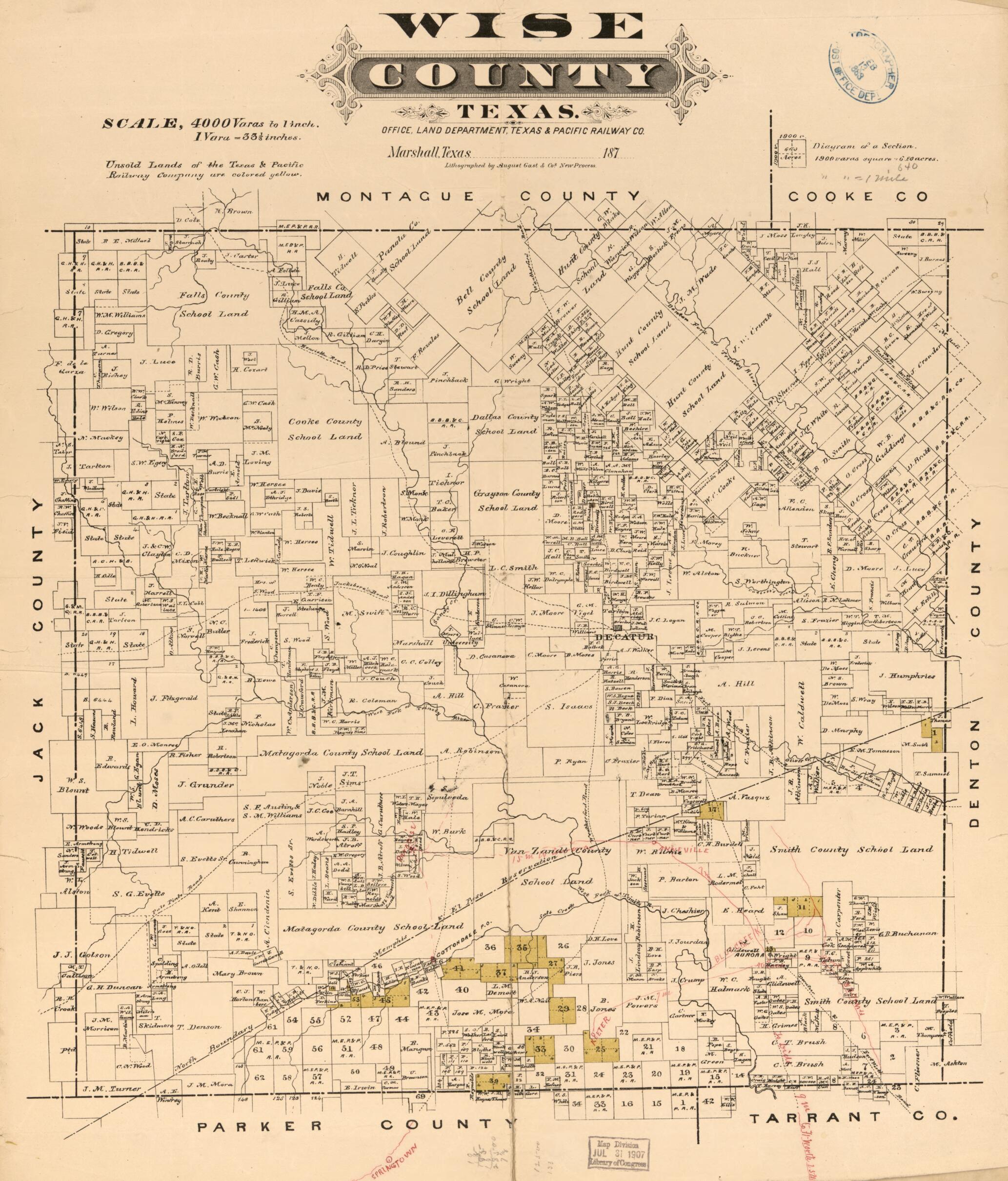 This old map of Wise County, Texas from 1870 was created by August Gast & Co, Texas & Pacific Railway in 1870