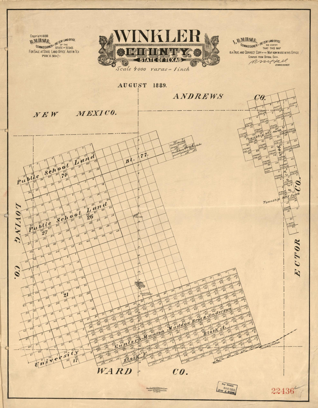 This old map of Winkler County, State of Texas from 1889 was created by August Gast & Co, R. M. Hall, Texas. General Land Office in 1889