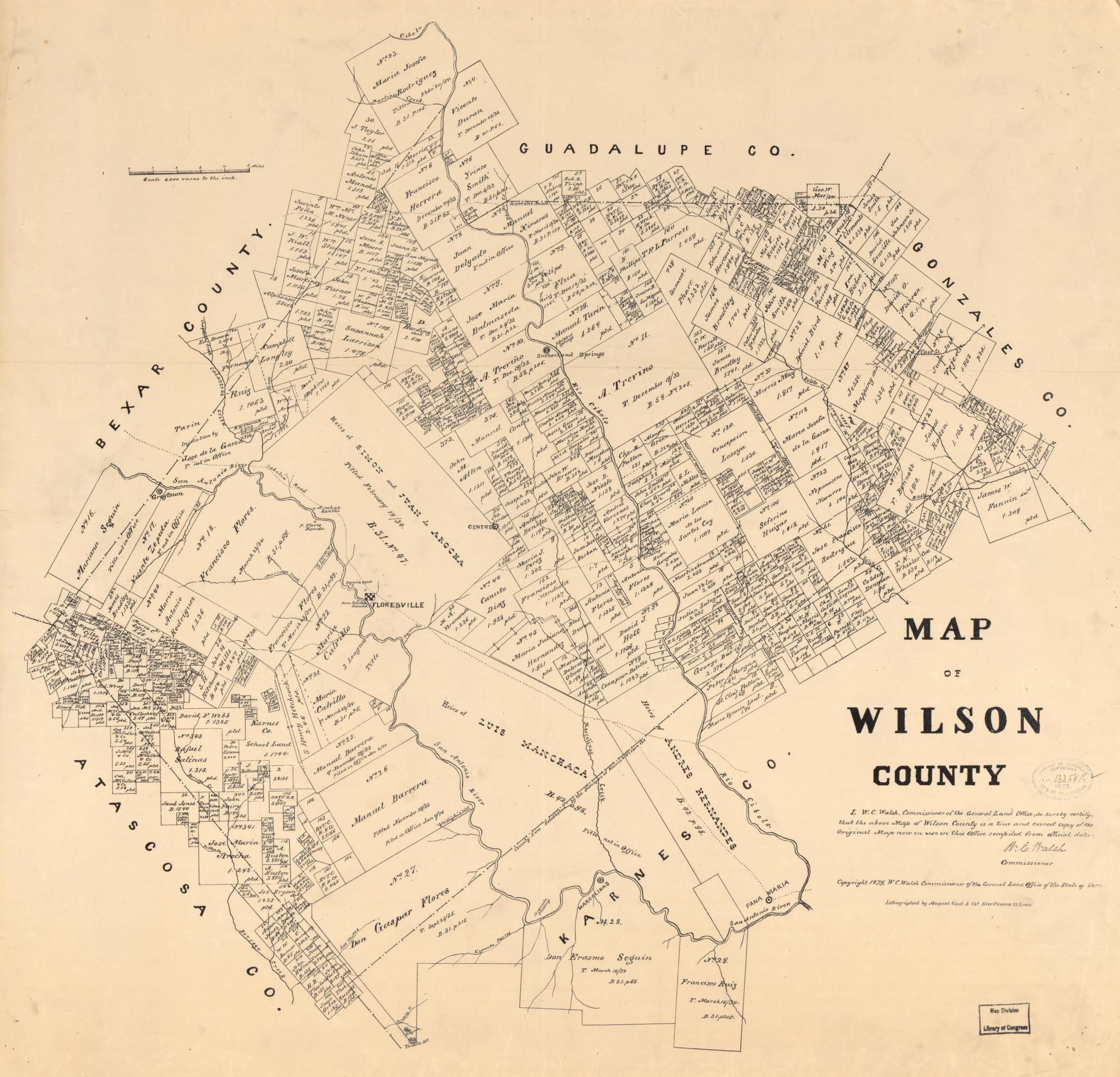 This old map of Map of Wilson County from 1879 was created by August Gast & Co, Texas. General Land Office, W. C. (William C.) Walsh in 1879