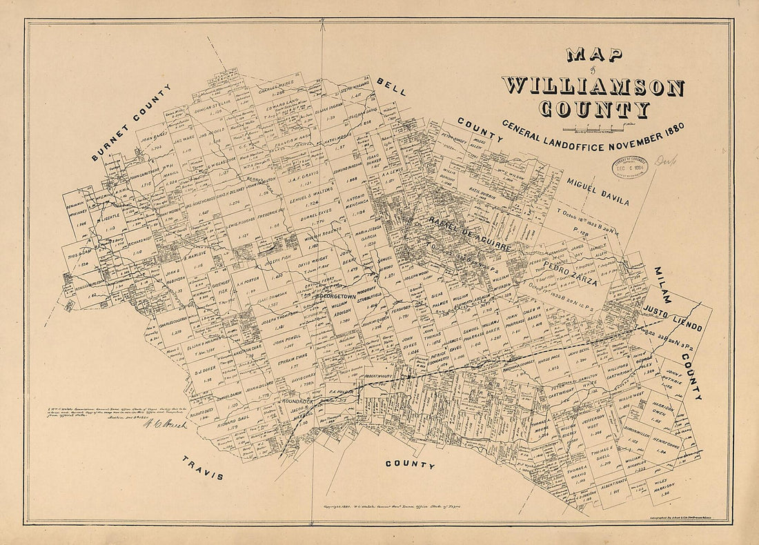 This old map of Map of Williamson County from 1880 was created by August Gast & Co, Texas. General Land Office, W. C. (William C.) Walsh in 1880